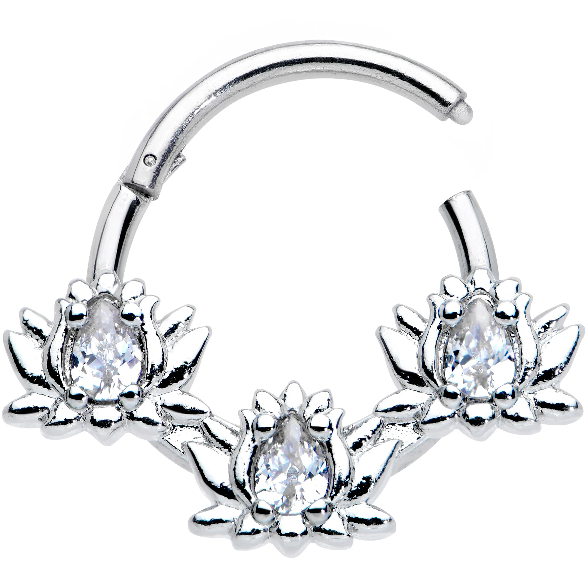 16G 3/8 Clear CZ Gem Triple Lotus Hinged Segment Ring - Image 2