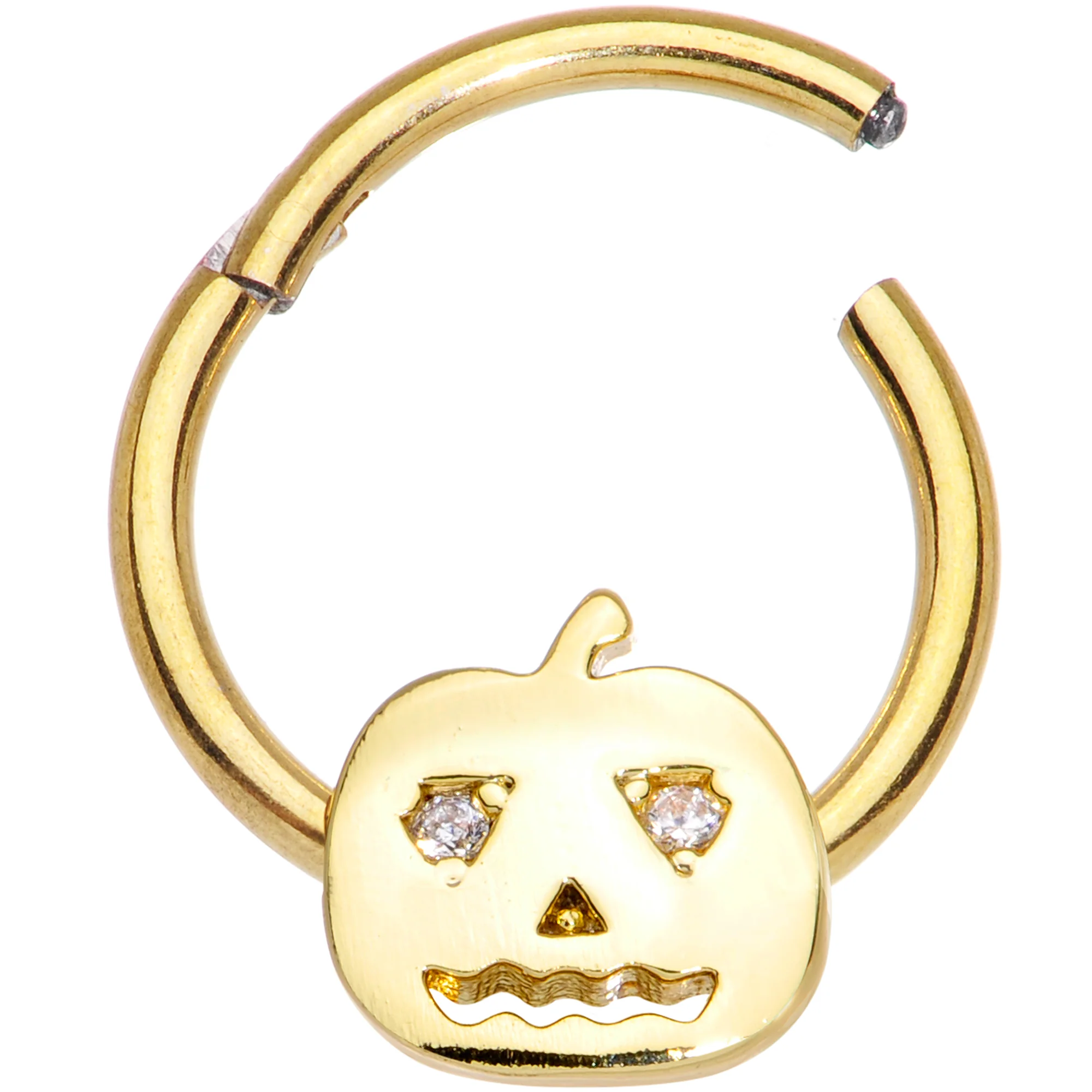 16G 3/8 Clear CZ Gold Tone Pumpkin Halloween Hinged Segment Ring - Image 2