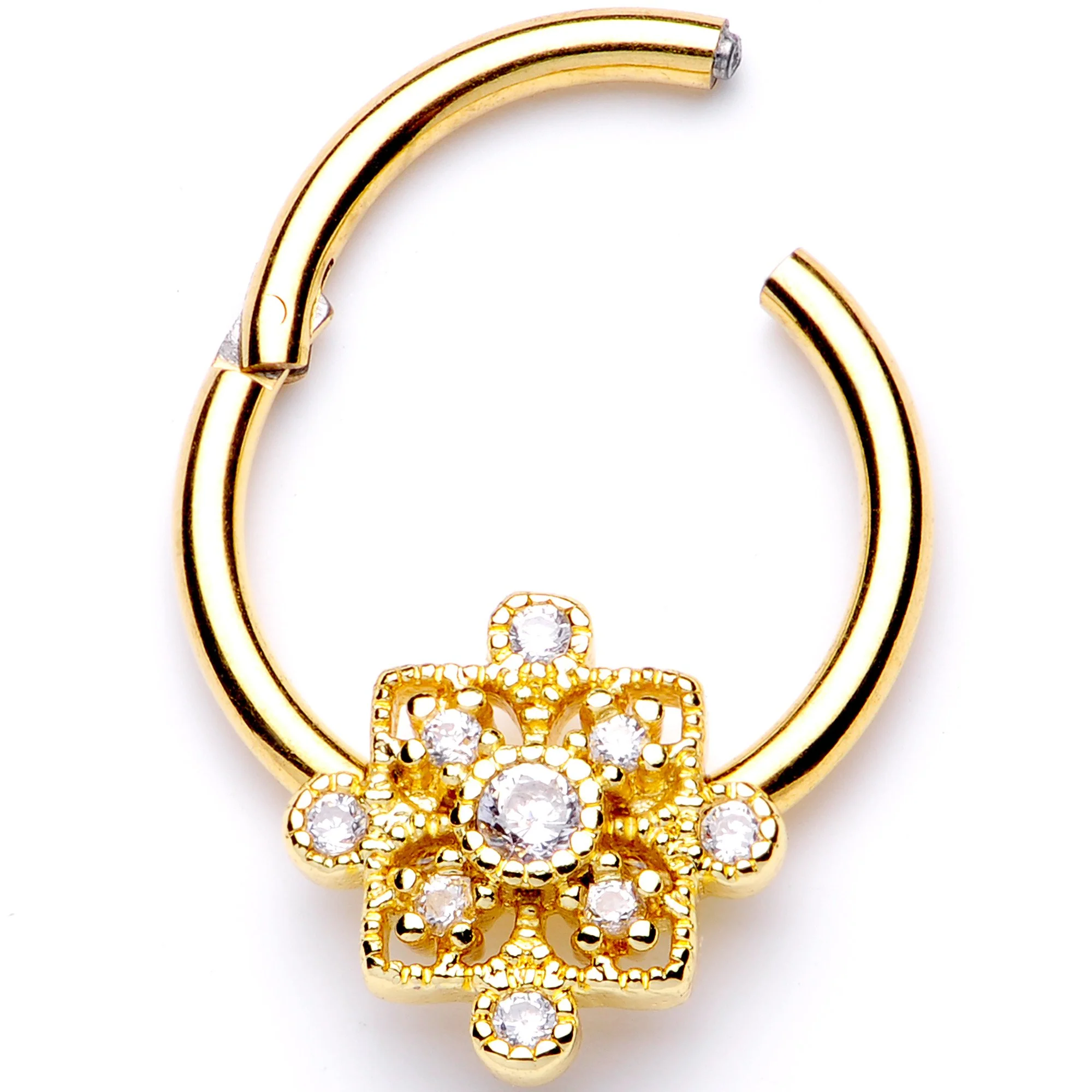 16G 3/8 Clear CZ Gold Tone Royal Square Hinged Segment Ring - Image 2