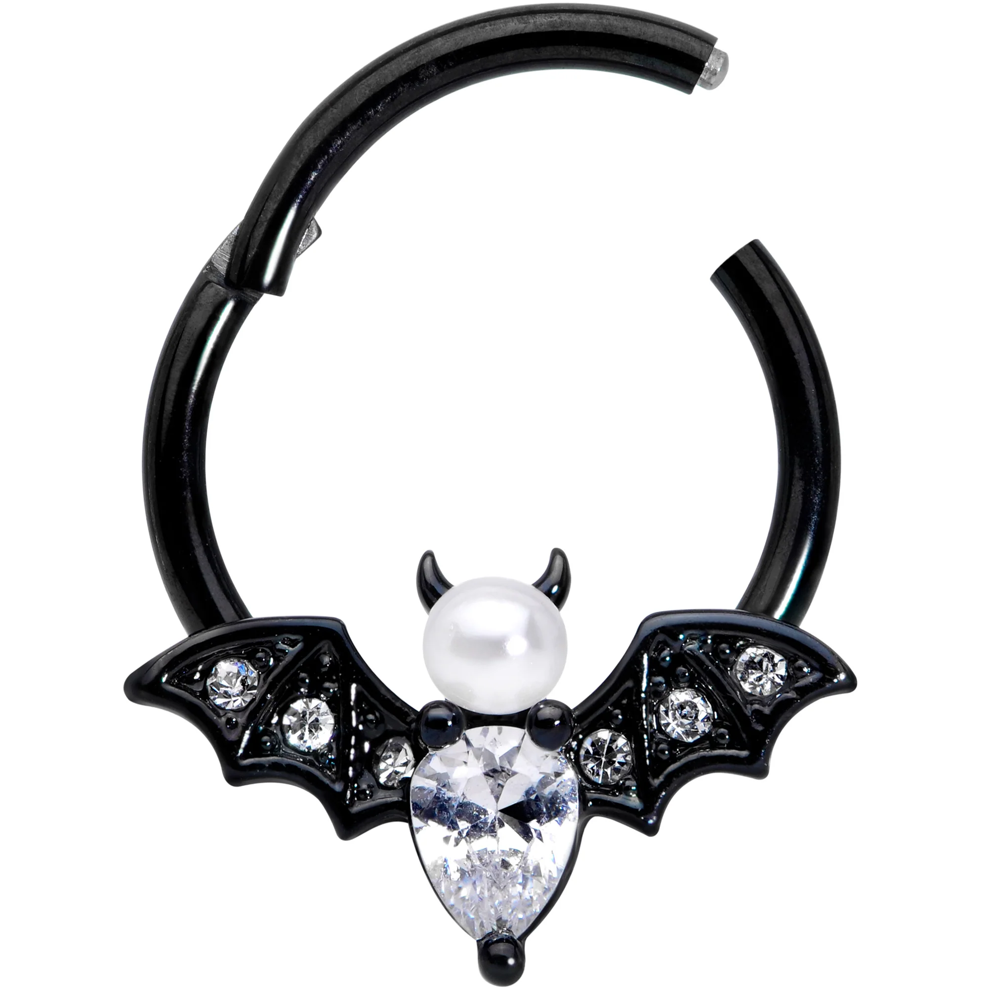 16G 3/8 Clear Gem Black Bat Halloween Hinged Segment Ring - Image 5