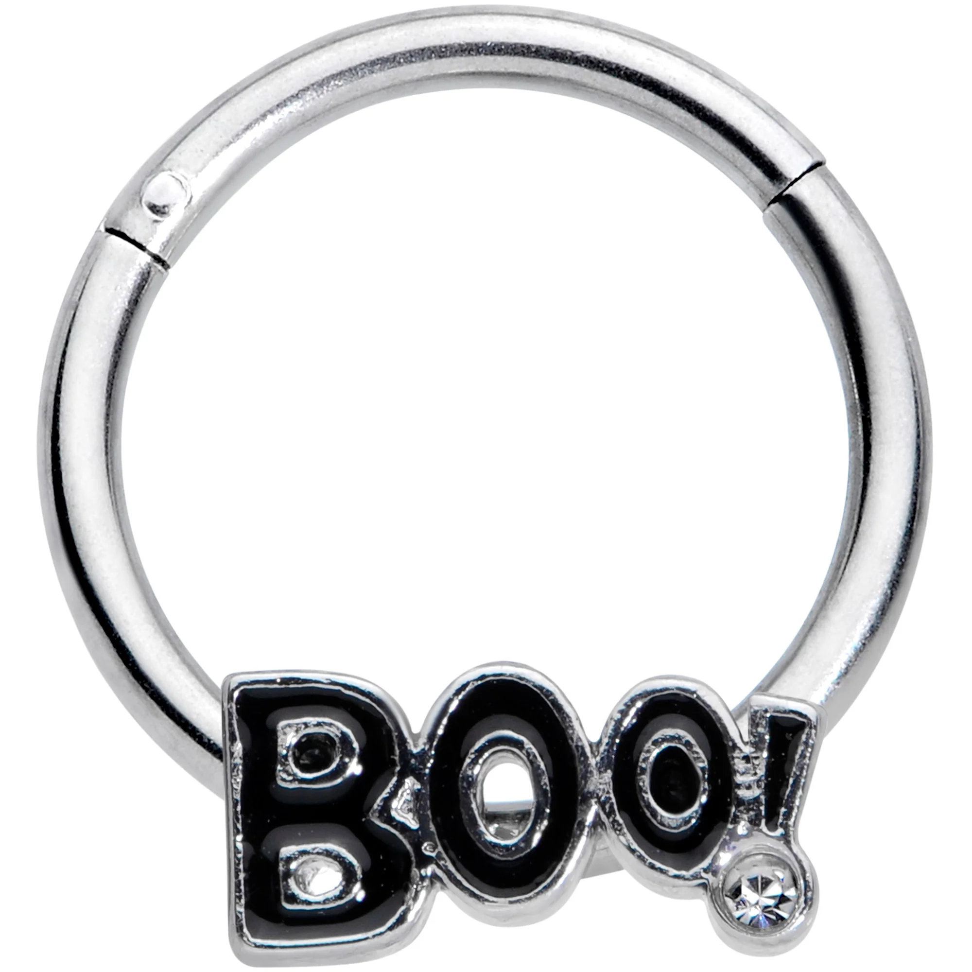 16G 3/8 Clear Gem Black Boo Halloween Hinged Segment Ring