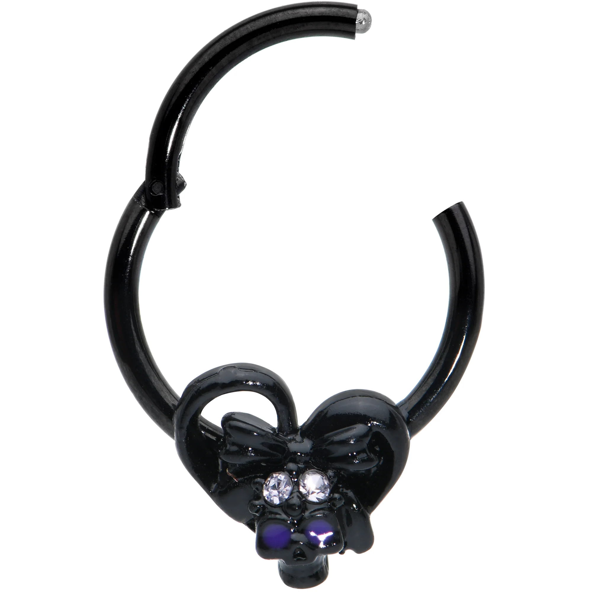 16G 3/8 Clear Gem Black Heart Skull Bow Hinged Segment Ring - Image 2