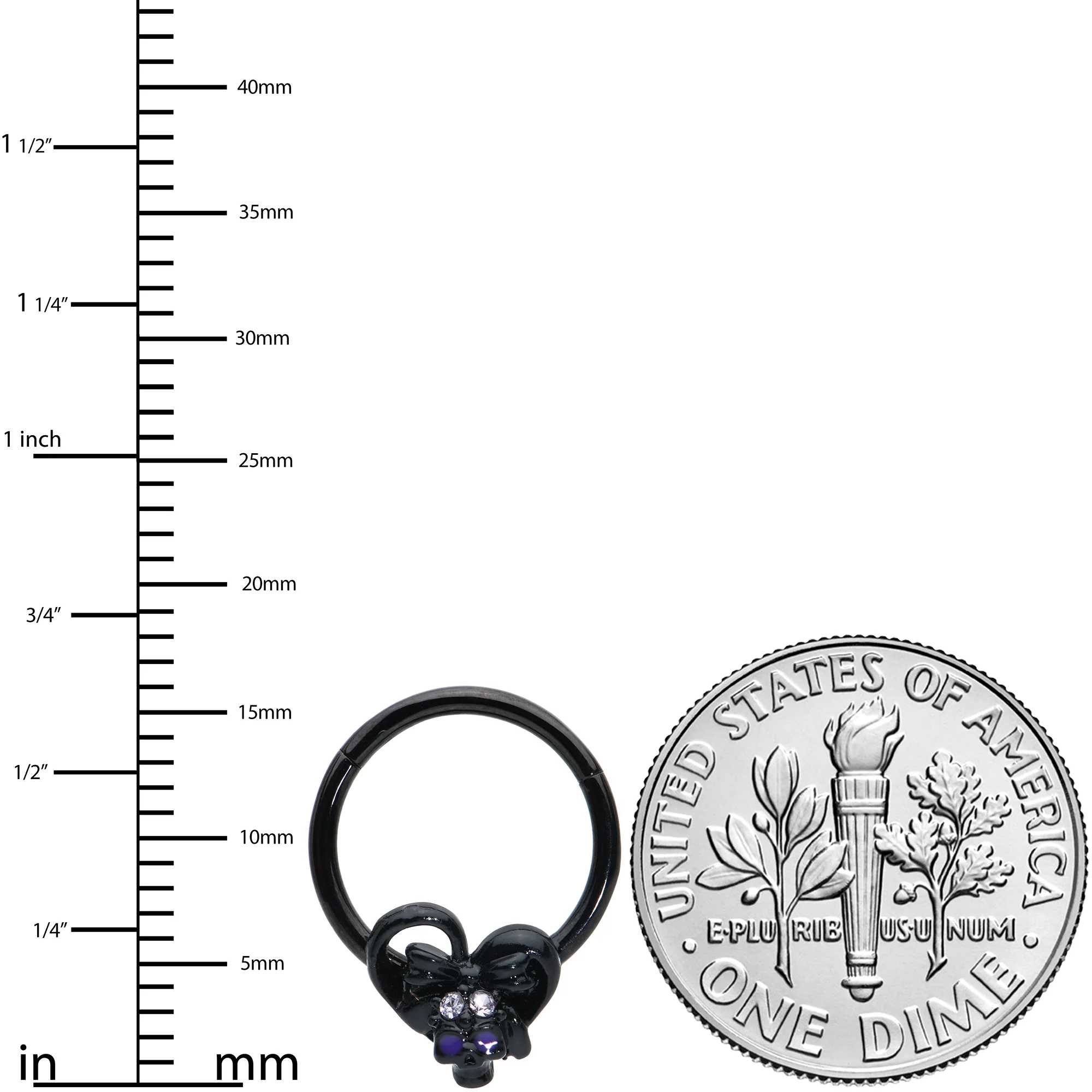 16G 3/8 Clear Gem Black Heart Skull Bow Hinged Segment Ring - Image 3