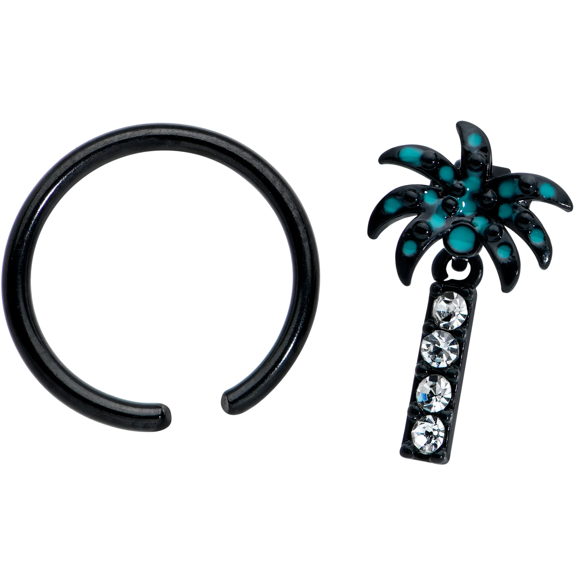 16G 3/8 Clear Gem Black Night Palm Tree Dangle BCR Captive Ring - Image 2