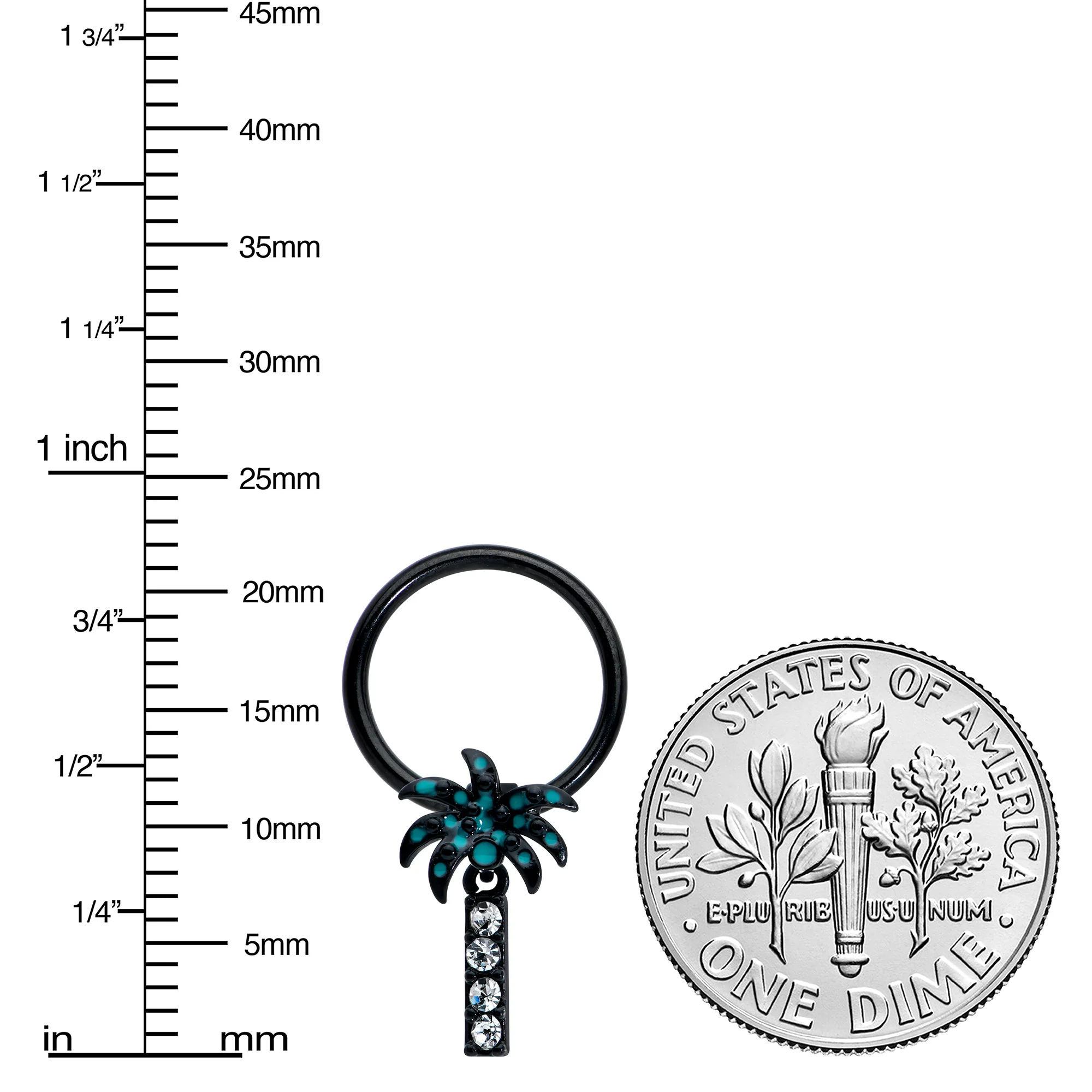 16G 3/8 Clear Gem Black Night Palm Tree Dangle BCR Captive Ring - Image 3