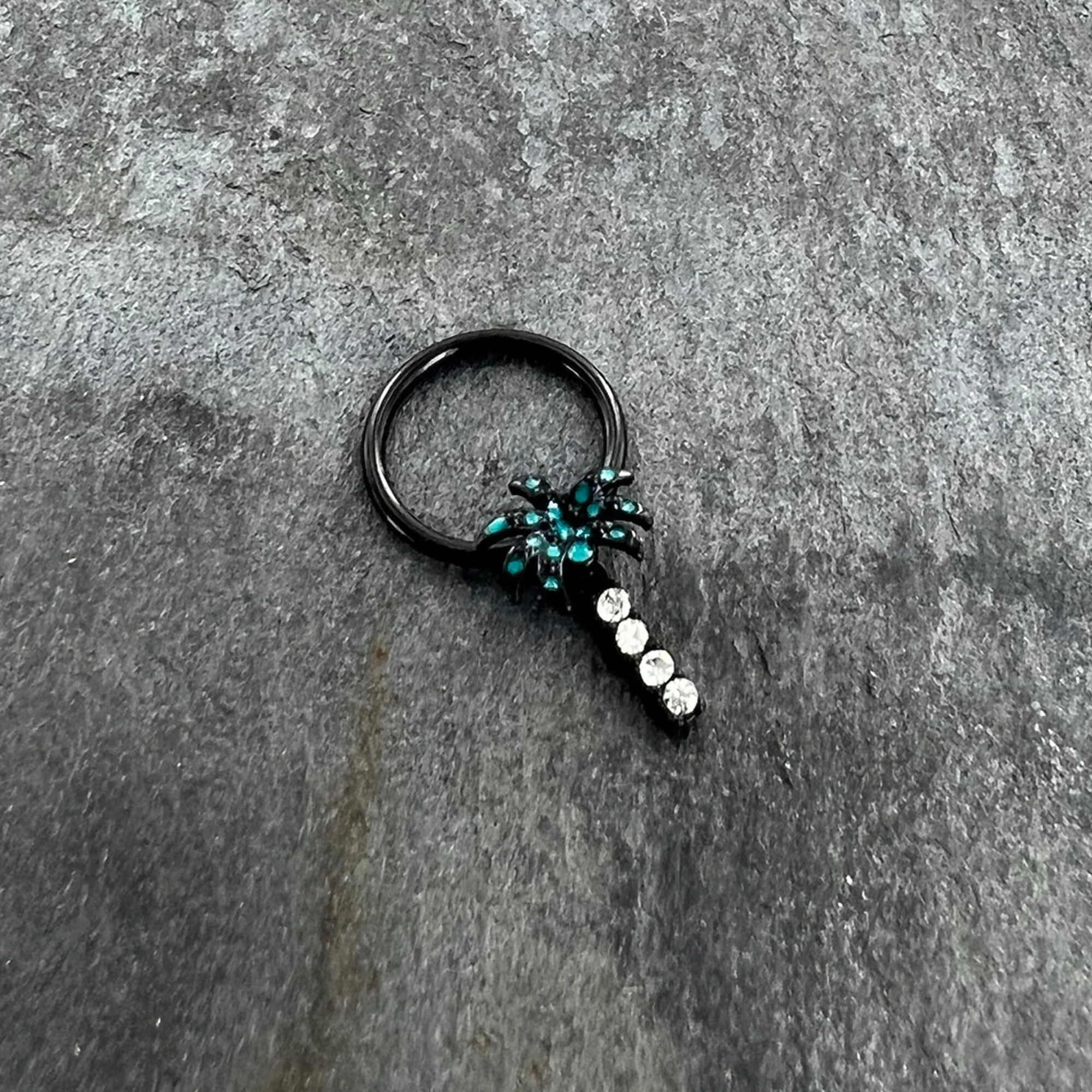 16G 3/8 Clear Gem Black Night Palm Tree Dangle BCR Captive Ring - Image 4
