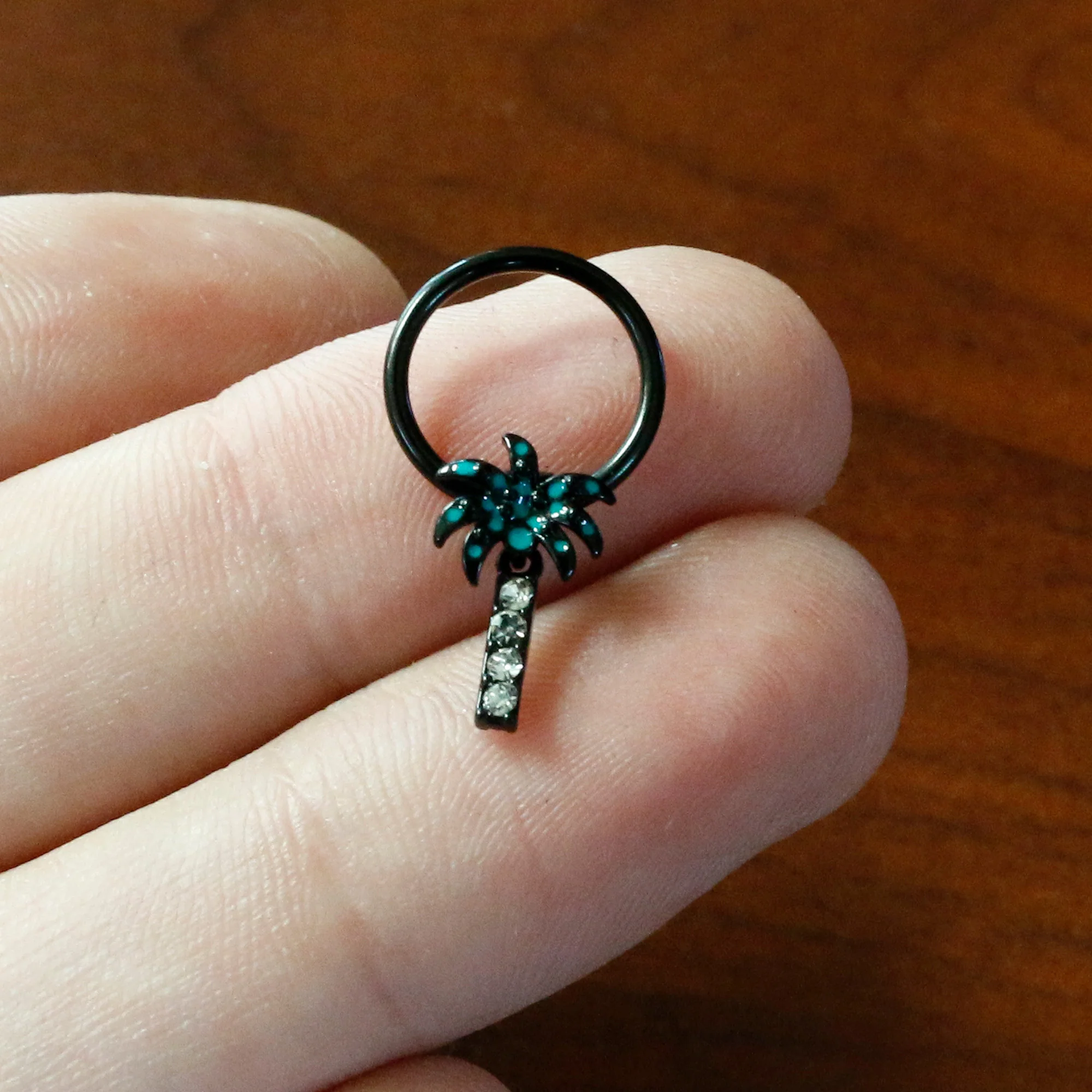 16G 3/8 Clear Gem Black Night Palm Tree Dangle BCR Captive Ring - Image 5