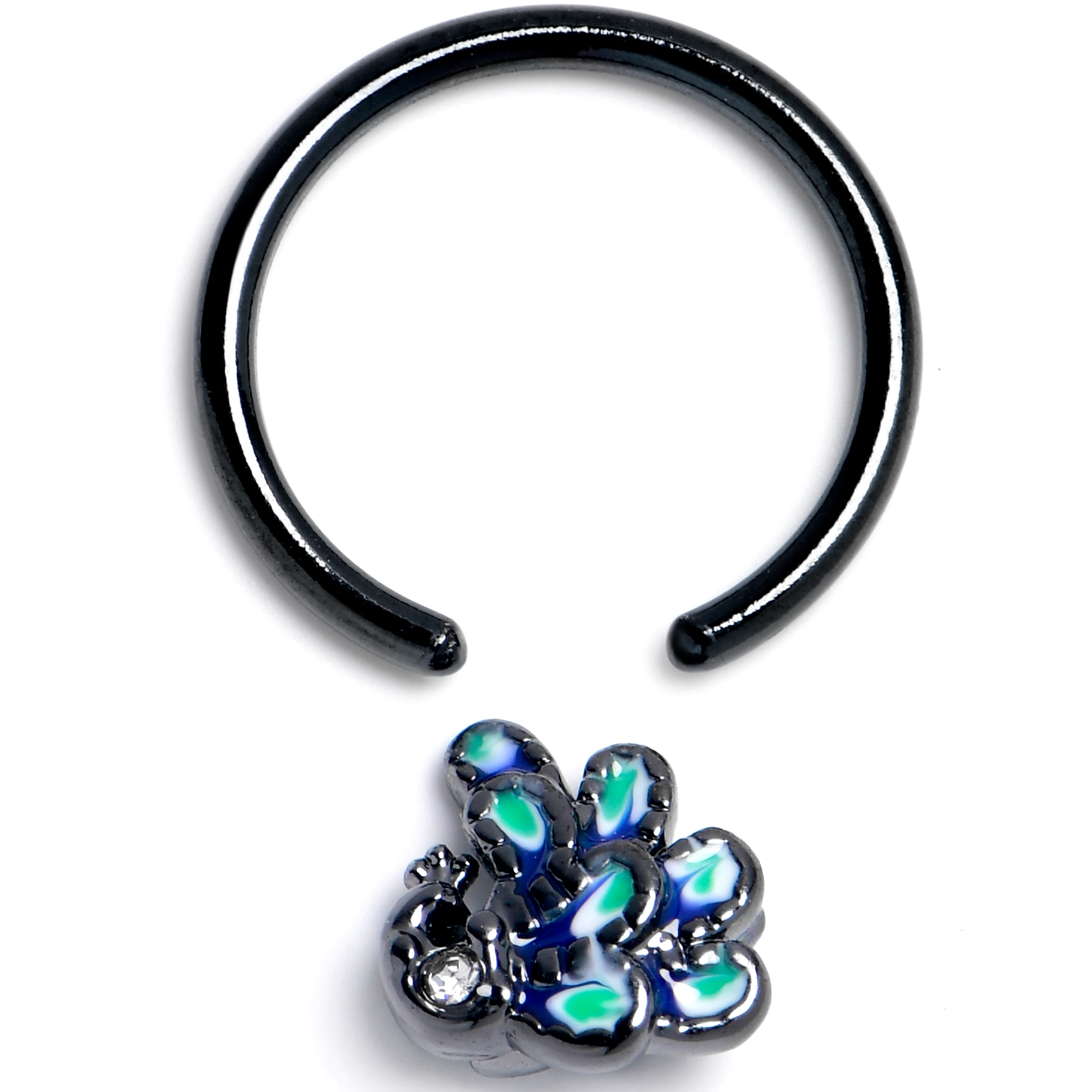 16G 3/8 Clear Gem Black Peacock Green BCR Captive Ring - Image 2