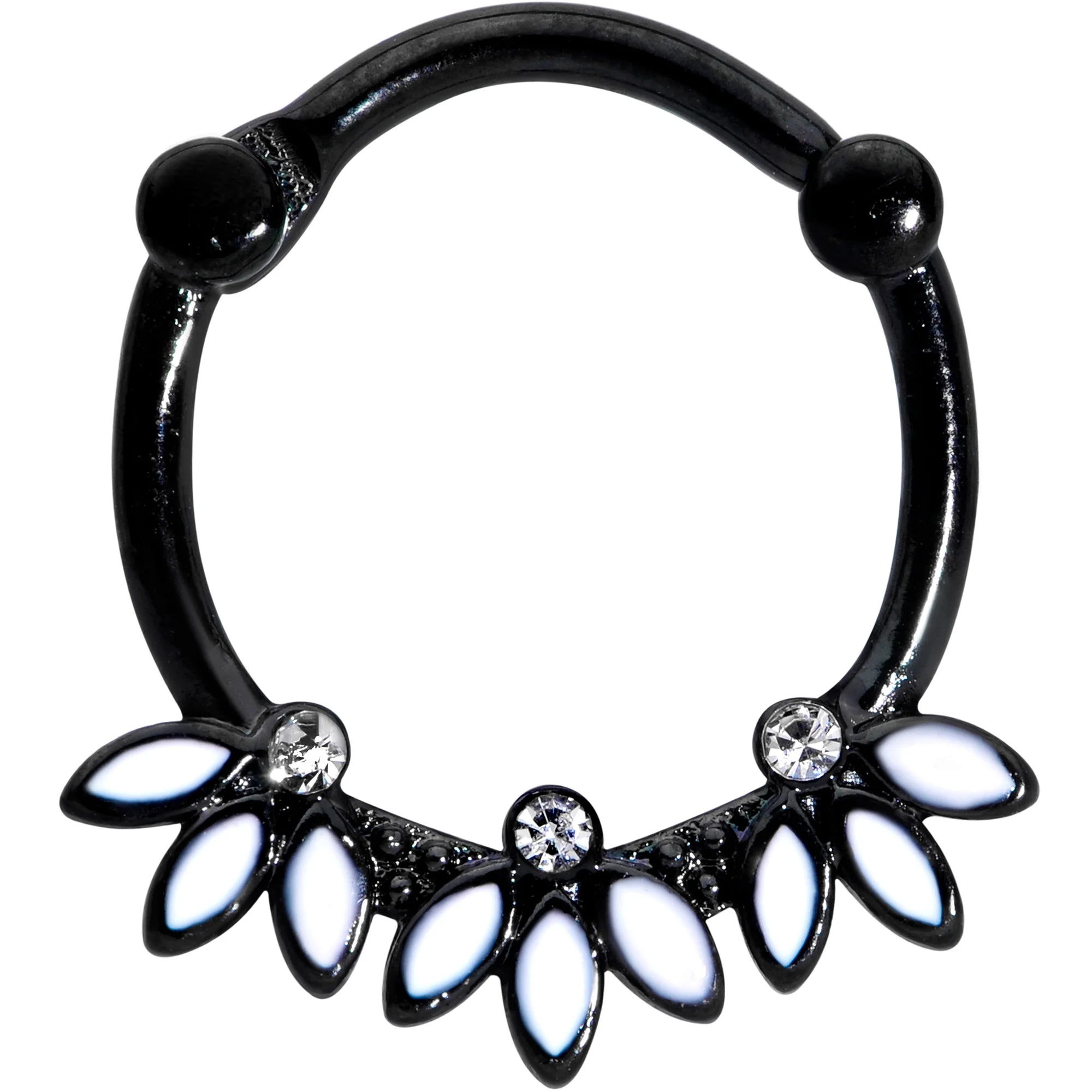 16G 3/8 Clear Gem Black White Leaves Cartilage Clicker