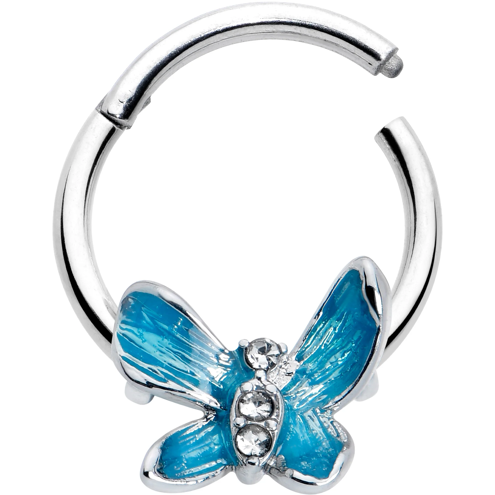 16G 3/8 Clear Gem Chunky Butterfly Blue Hinged Segment Ring - Image 2