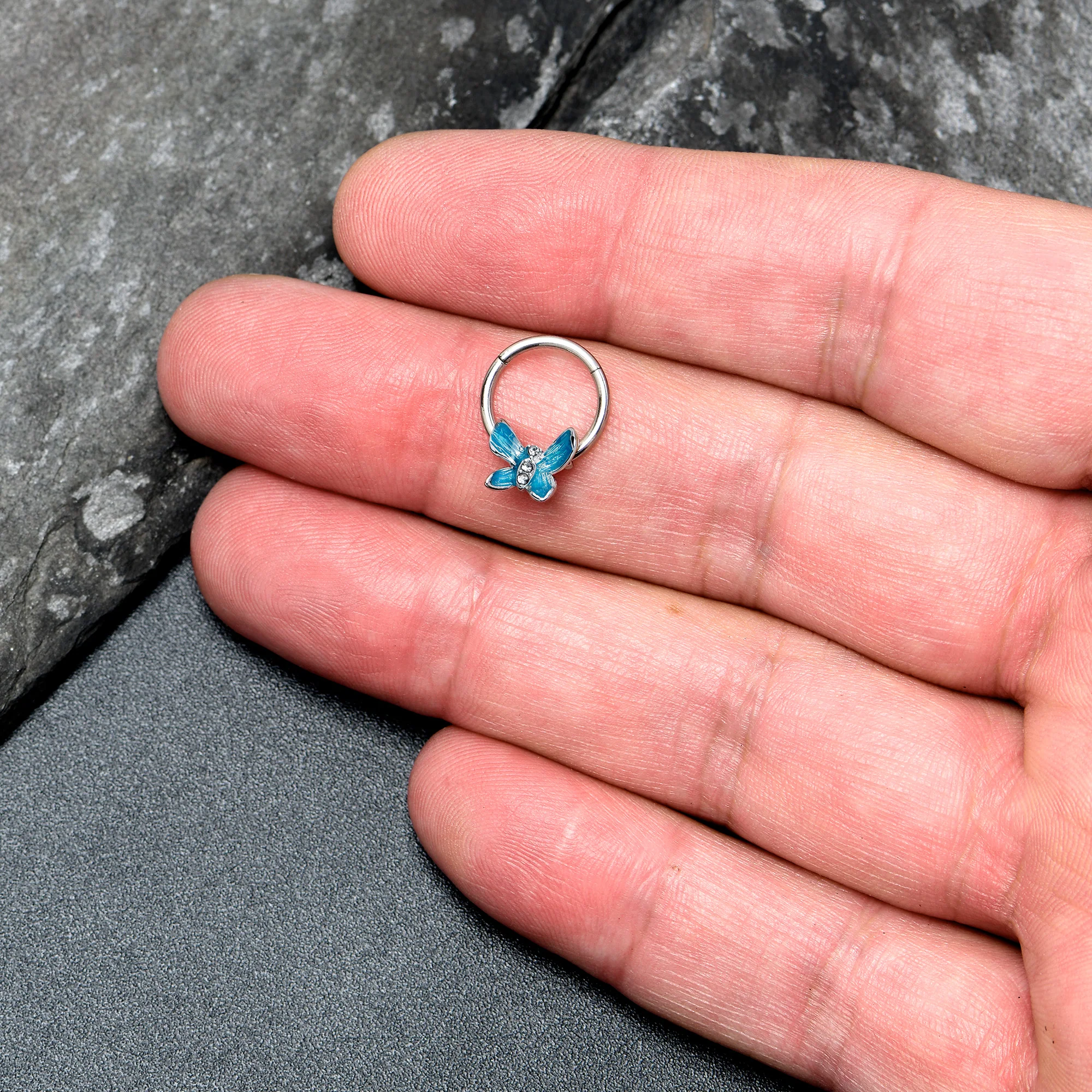 16G 3/8 Clear Gem Chunky Butterfly Blue Hinged Segment Ring - Image 3