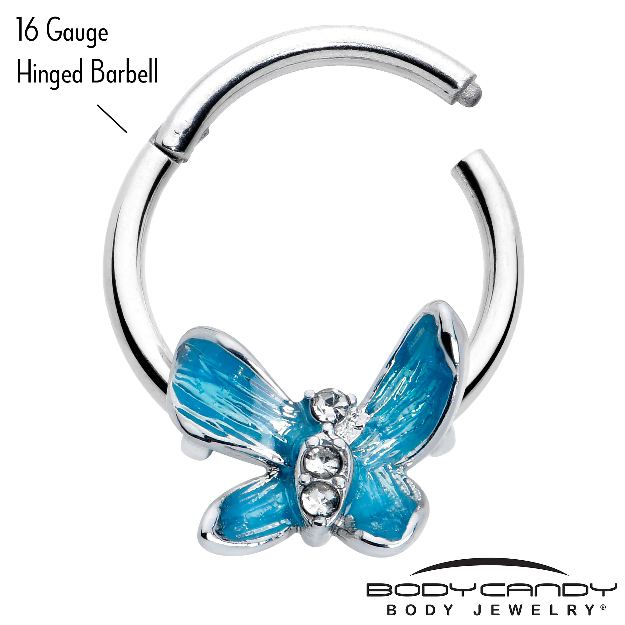 16G 3/8 Clear Gem Chunky Butterfly Blue Hinged Segment Ring - Image 4