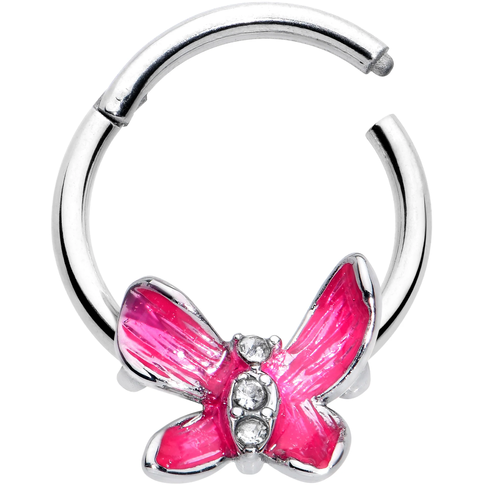 16G 3/8 Clear Gem Chunky Butterfly Pink Hinged Segment Ring - Image 2