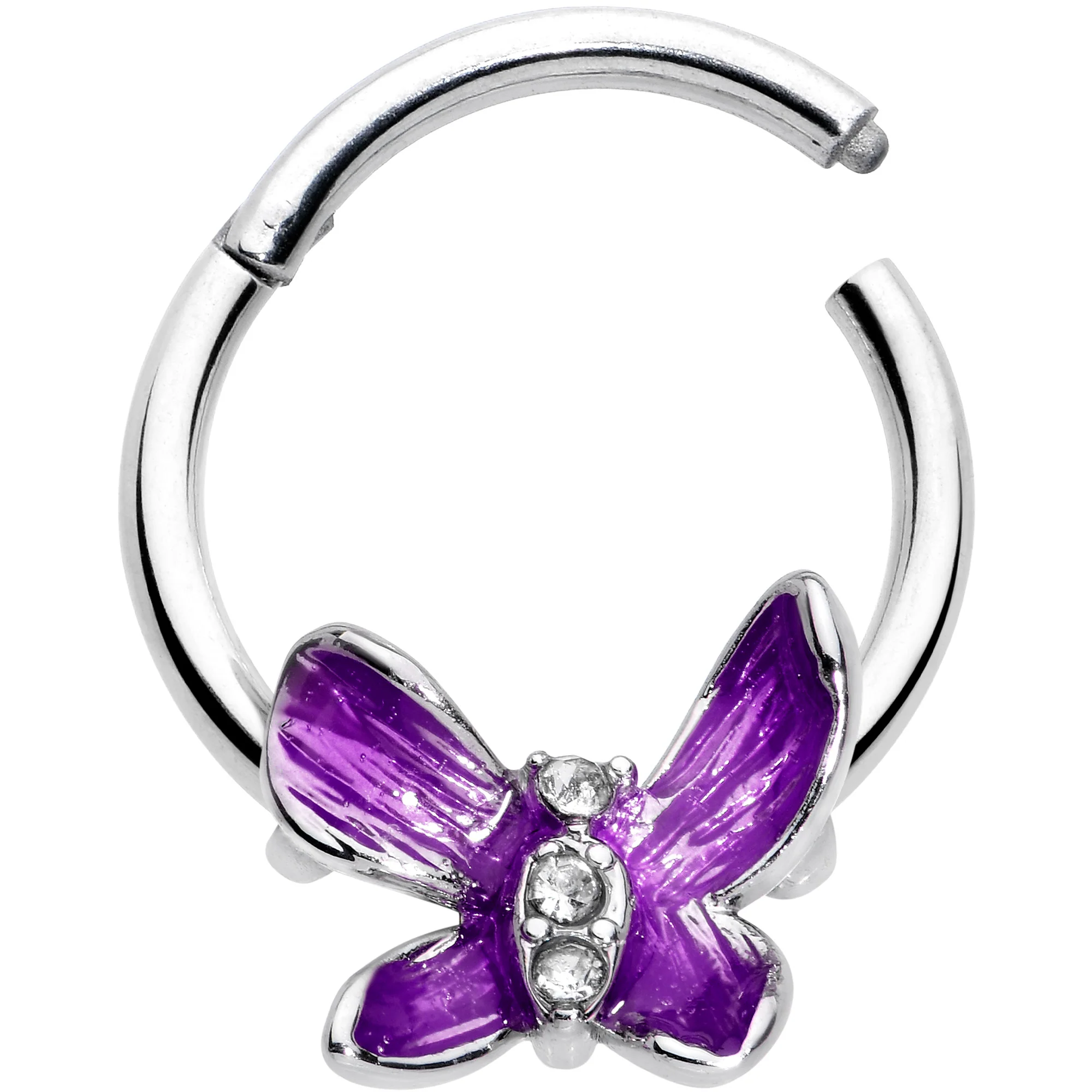 16G 3/8 Clear Gem Chunky Butterfly Purple Hinged Segment Ring - Image 2