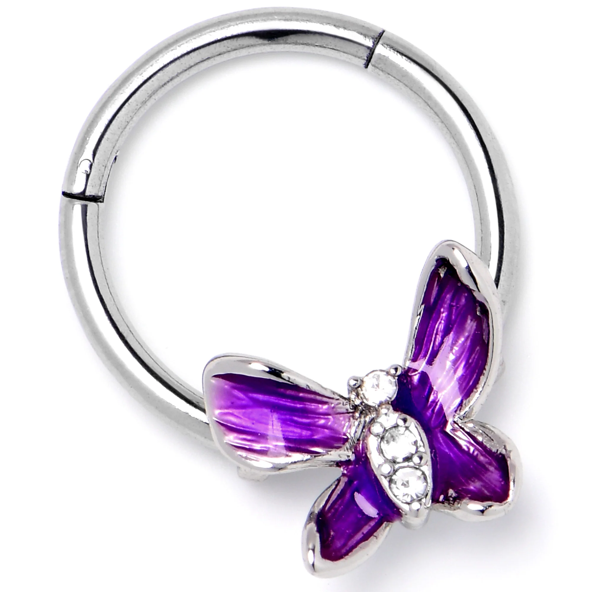 16G 3/8 Clear Gem Chunky Butterfly Purple Hinged Segment Ring - Image 4
