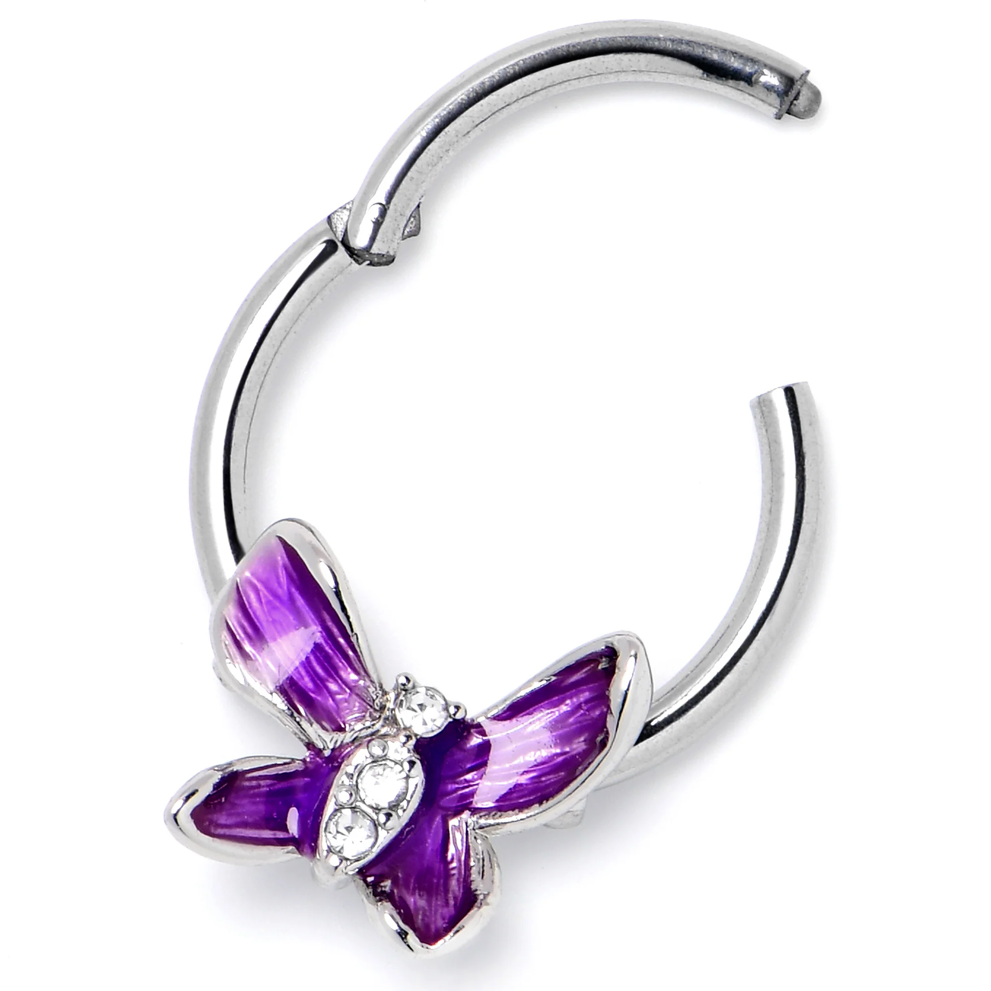 16G 3/8 Clear Gem Chunky Butterfly Purple Hinged Segment Ring - Image 5