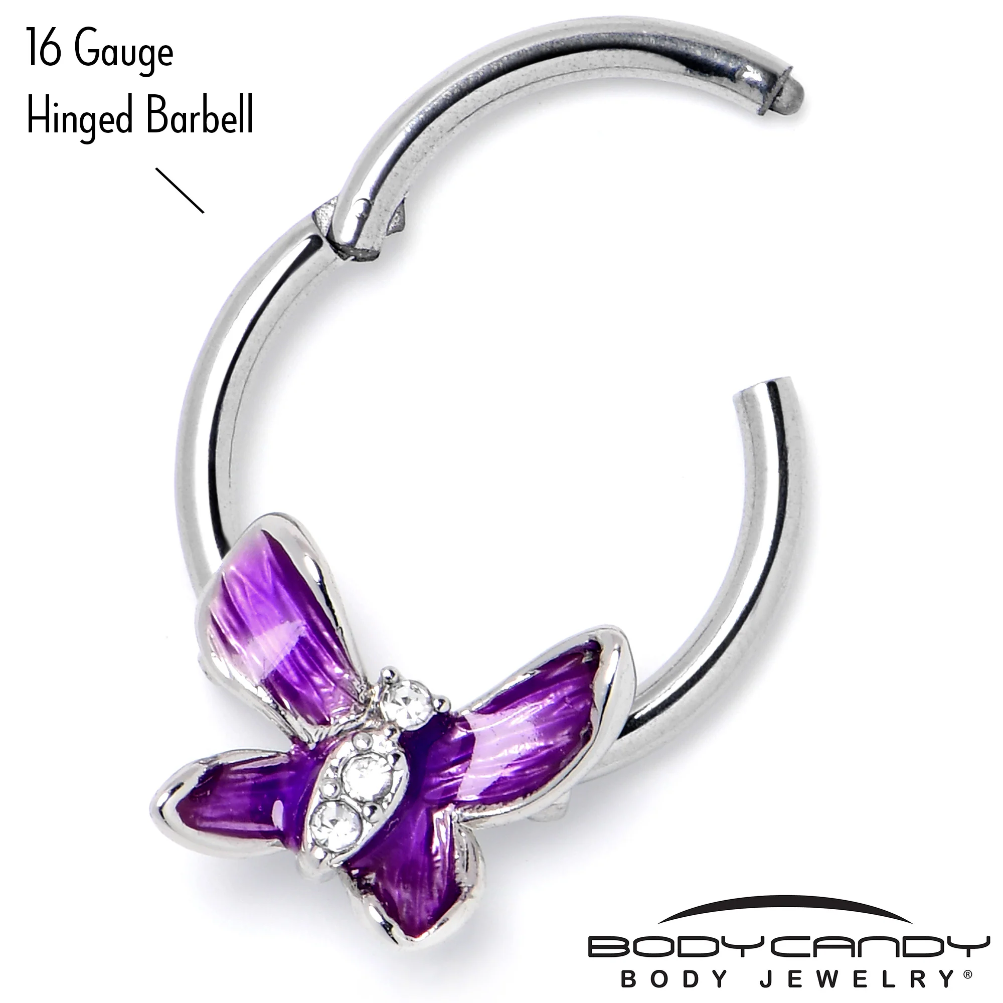 16G 3/8 Clear Gem Chunky Butterfly Purple Hinged Segment Ring - Image 6