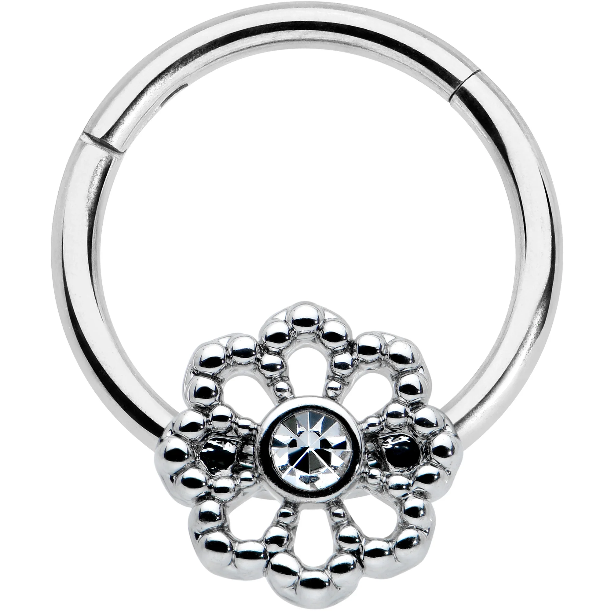 16G 3/8 Clear Gem Epic Fabulous Flower Hinged Segment Ring