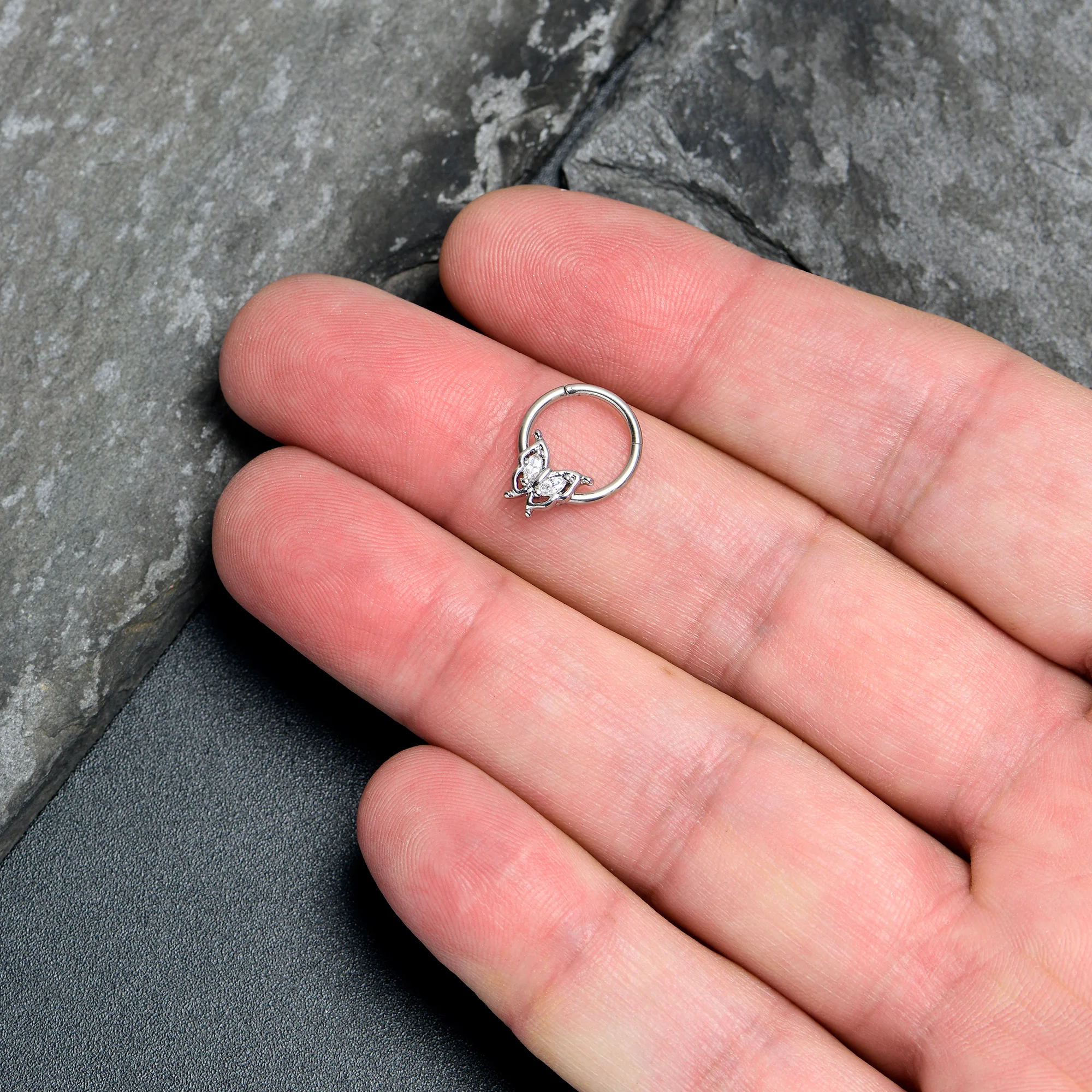 16G 3/8 Clear Gem Fancy Fab Butterfly Hinged Segment Ring - Image 3