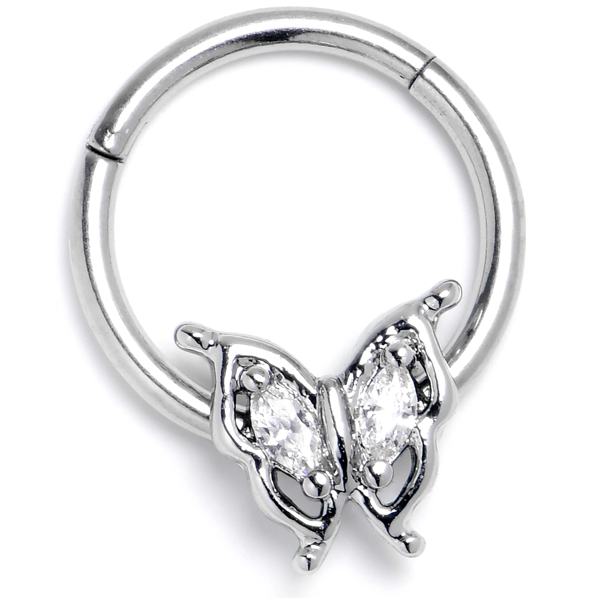 16G 3/8 Clear Gem Fancy Fab Butterfly Hinged Segment Ring - Image 4