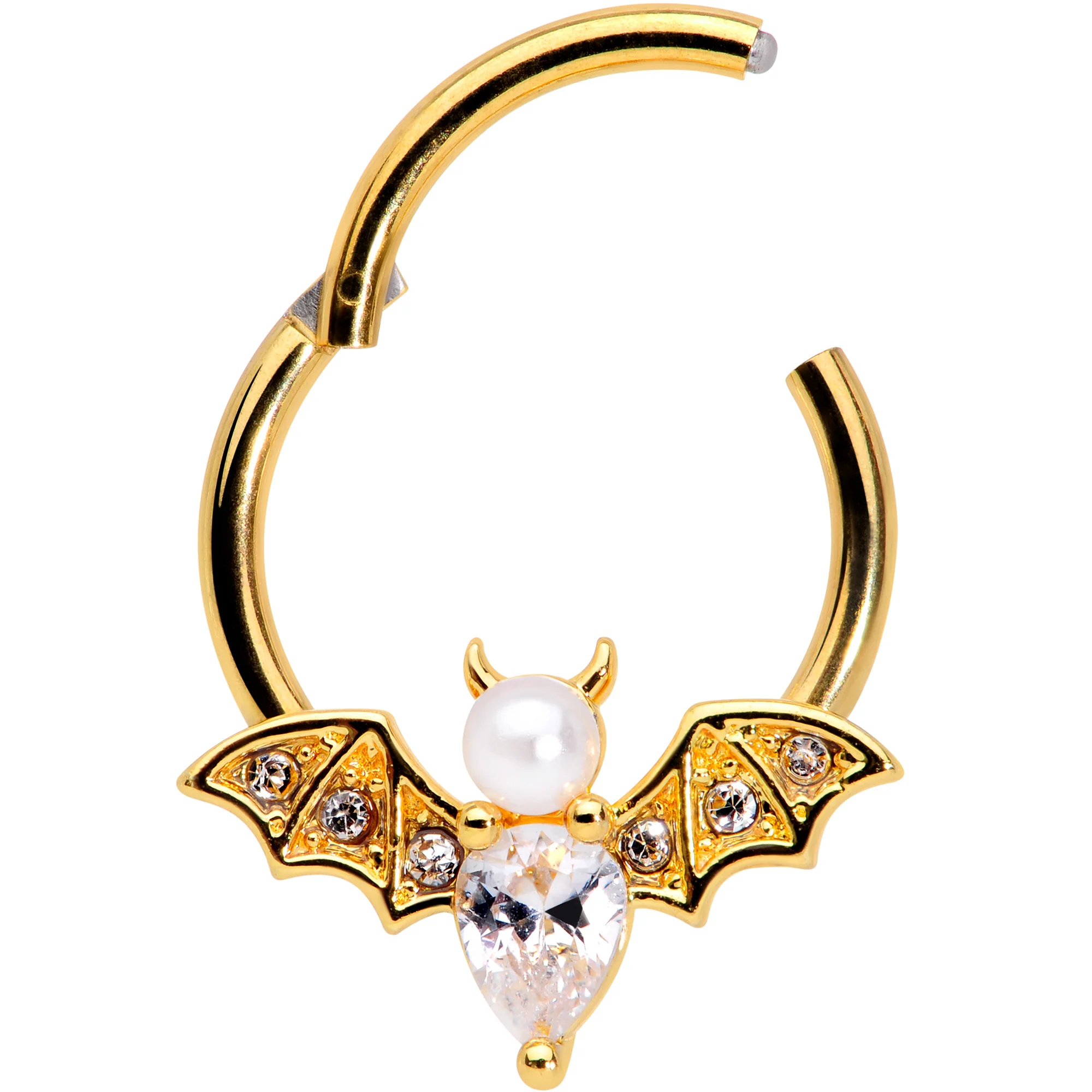 16G 3/8 Clear Gem Gold Tone Bat Halloween Hinged Segment Ring - Image 3