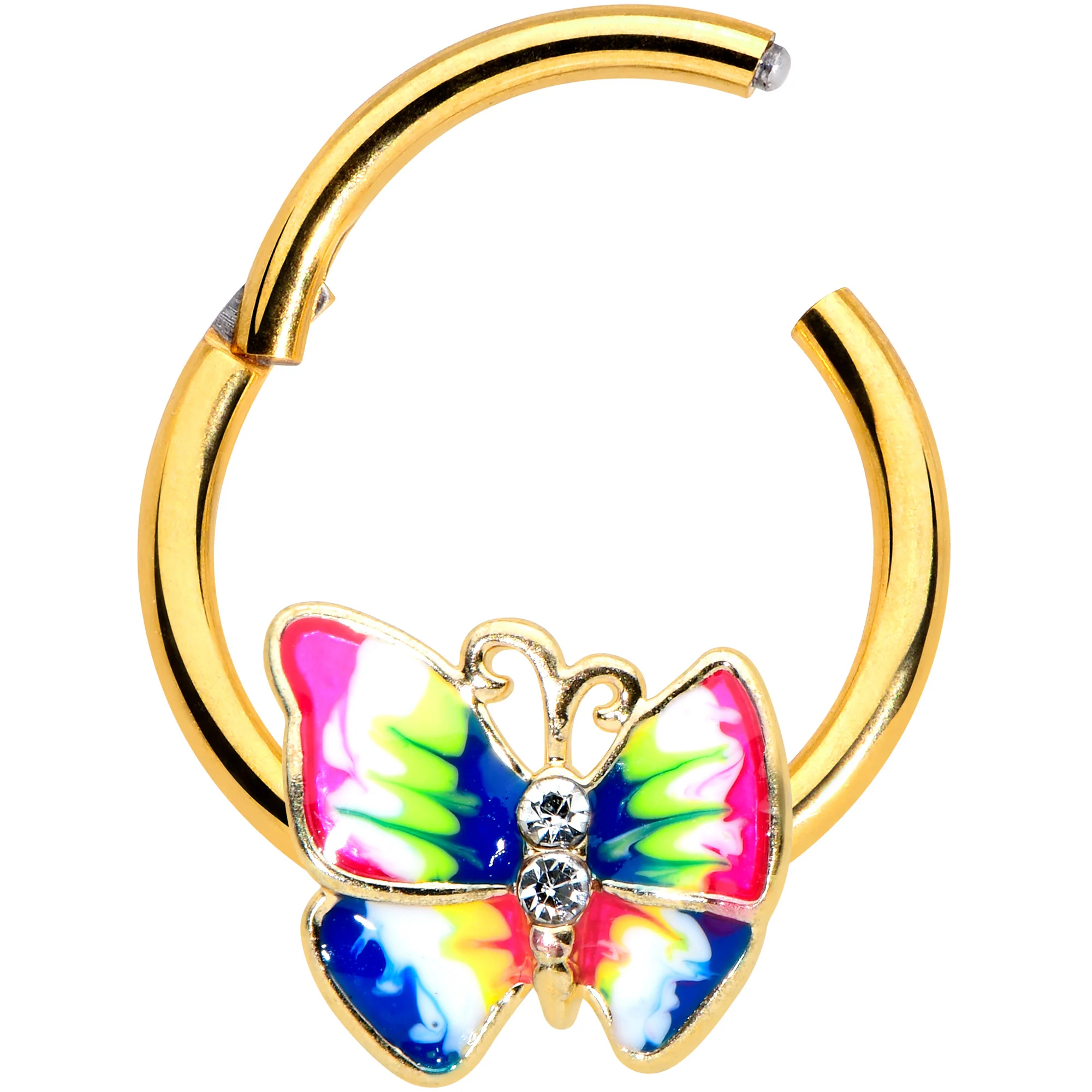 16G 3/8 Clear Gem Gold Tone Bright Butterfly Hinged Segment Ring - Image 2
