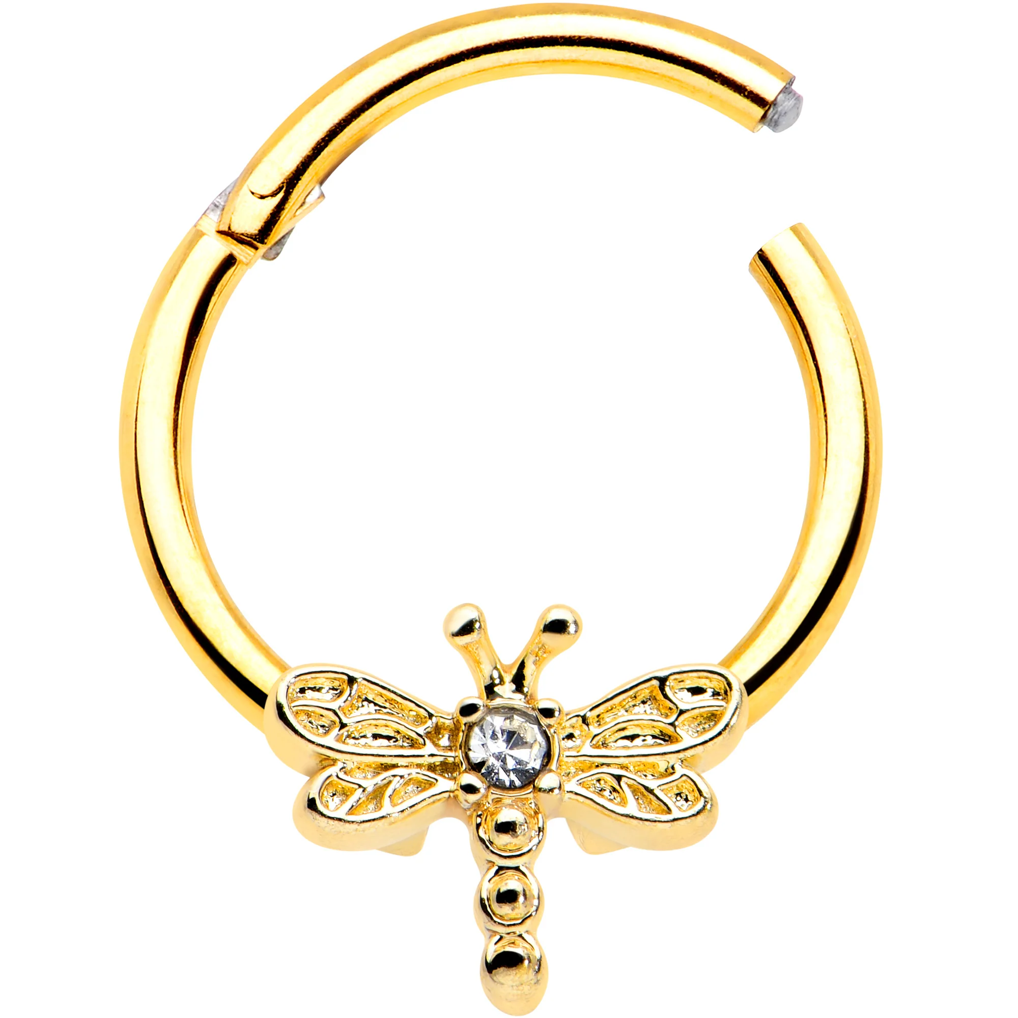 16G 3/8 Clear Gem Gold Tone Flying Dragonfly Hinged Segment Ring - Image 2