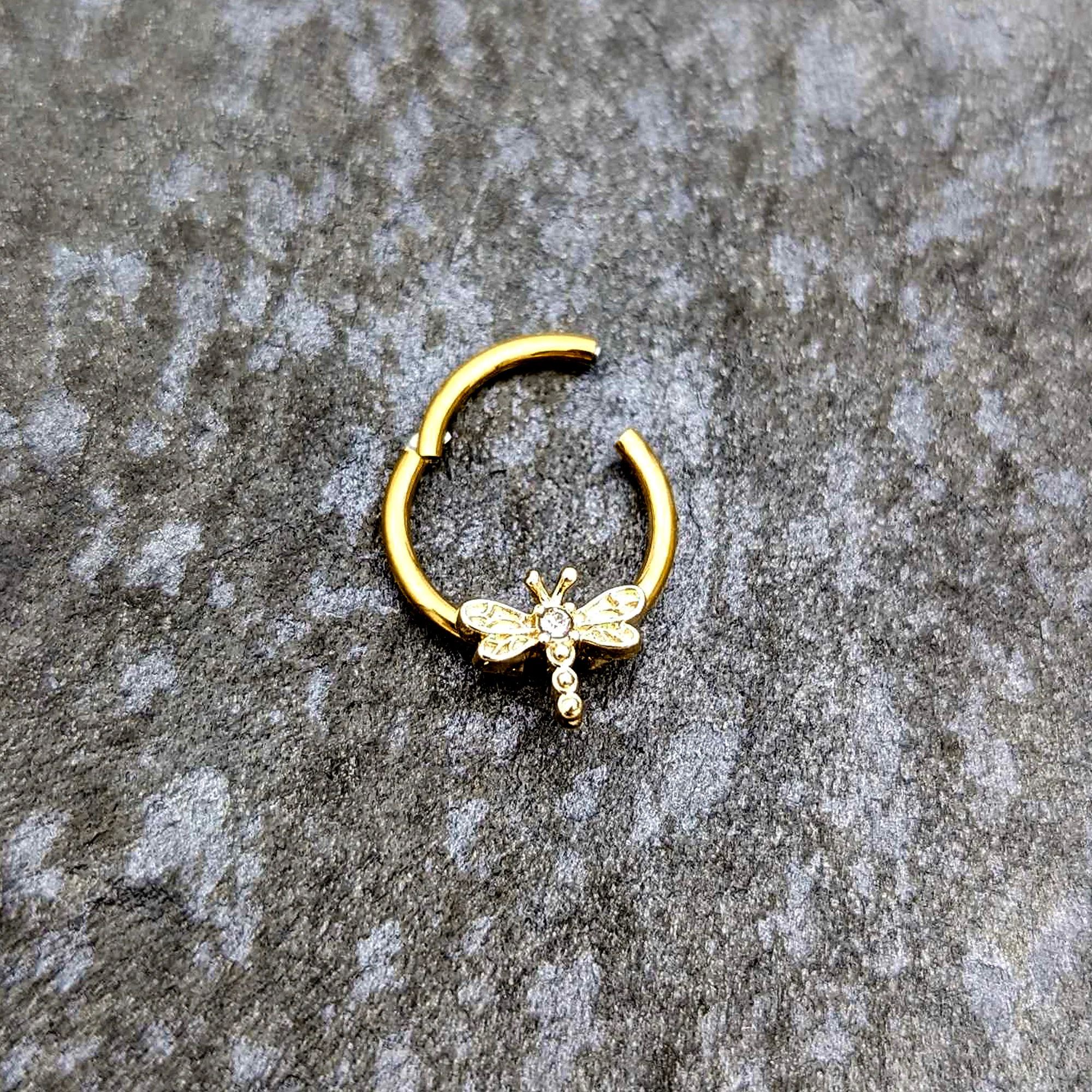 16G 3/8 Clear Gem Gold Tone Flying Dragonfly Hinged Segment Ring - Image 5