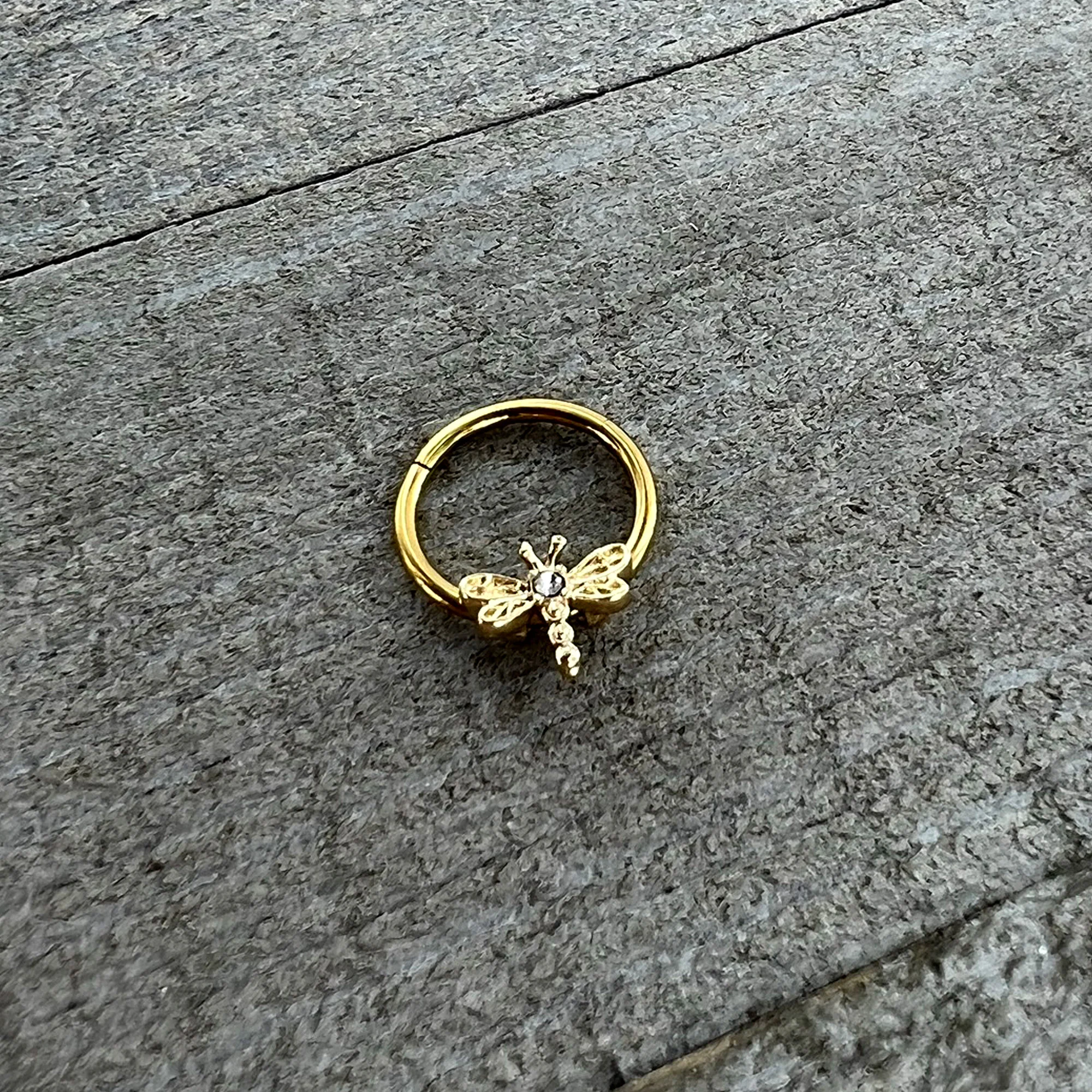 16G 3/8 Clear Gem Gold Tone Flying Dragonfly Hinged Segment Ring - Image 6