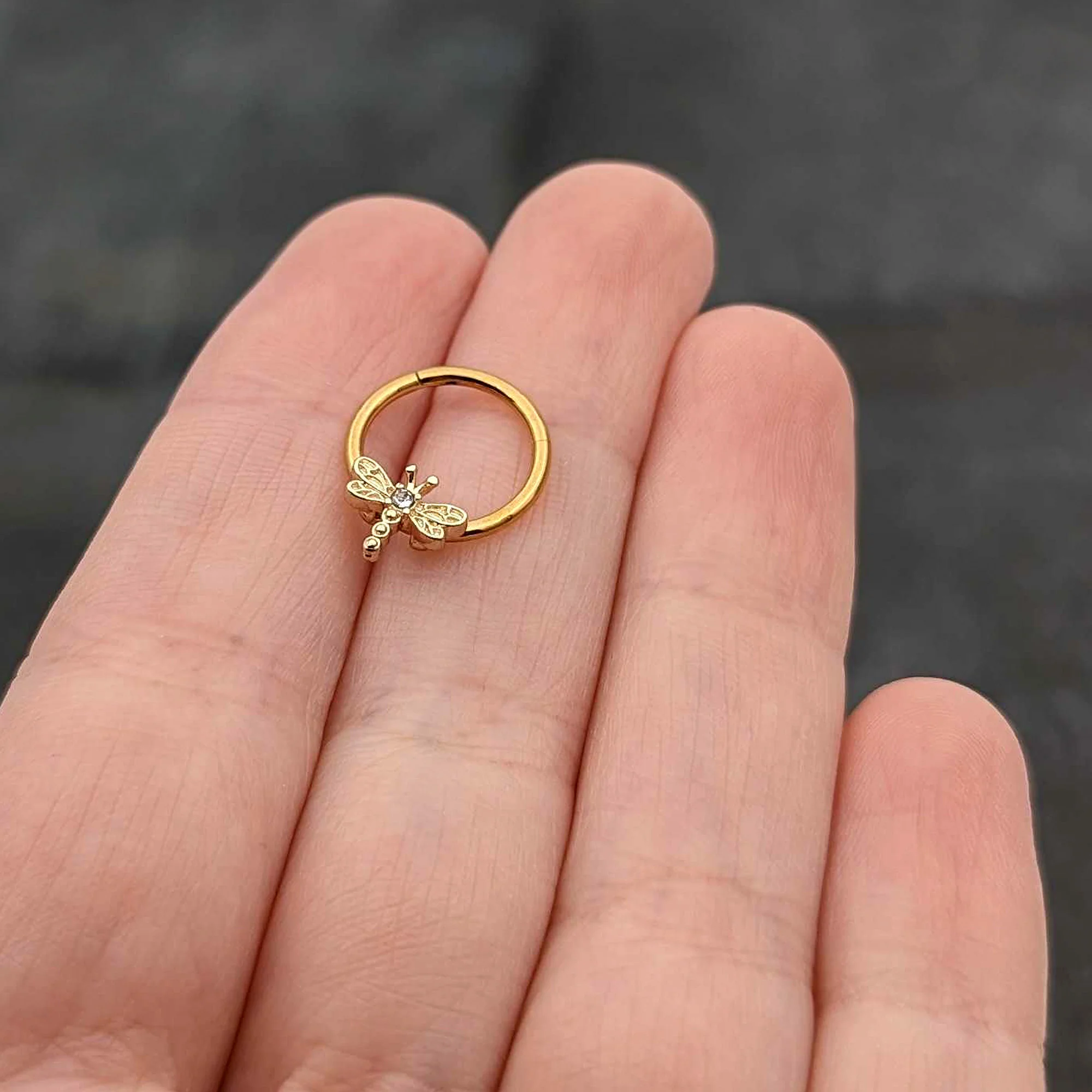 16G 3/8 Clear Gem Gold Tone Flying Dragonfly Hinged Segment Ring - Image 8