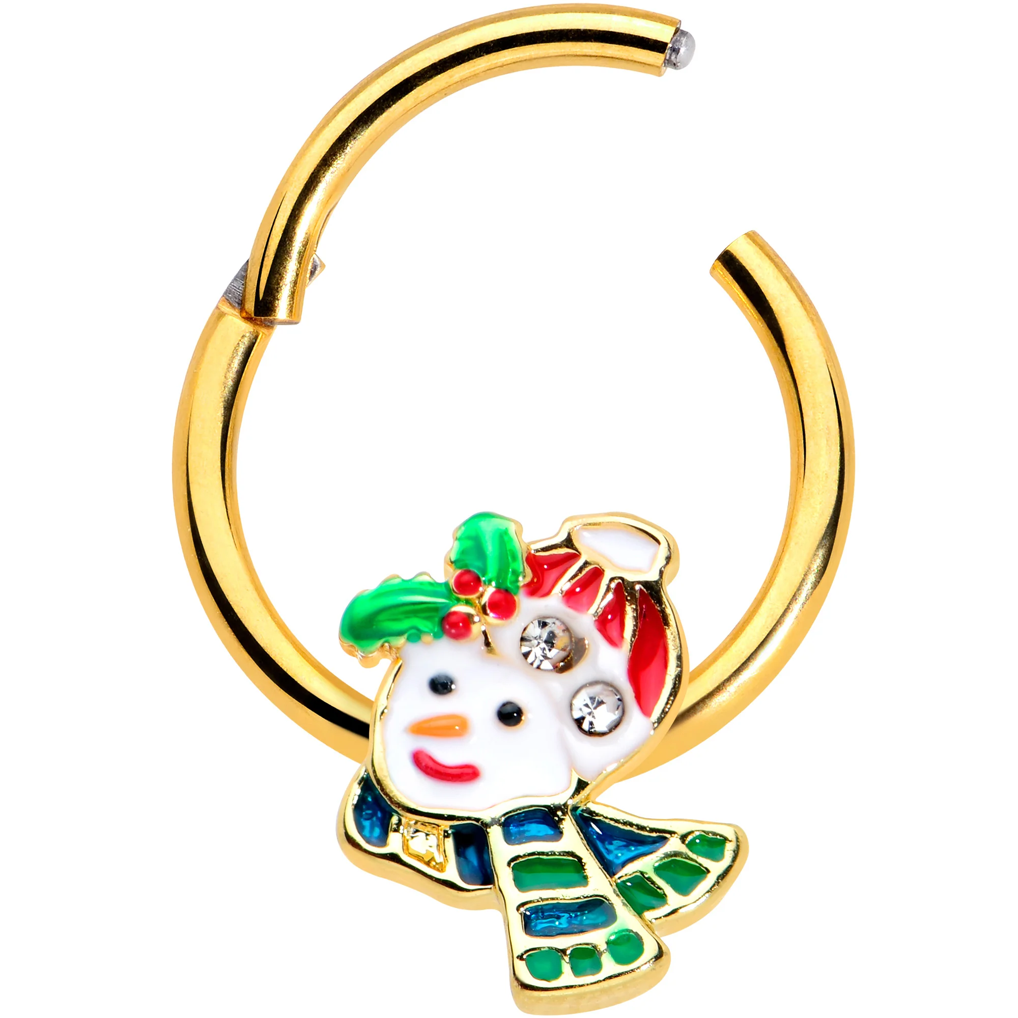 16G 3/8 Clear Gem Gold Tone Happy Snowman Hinged Segment Ring - Image 2