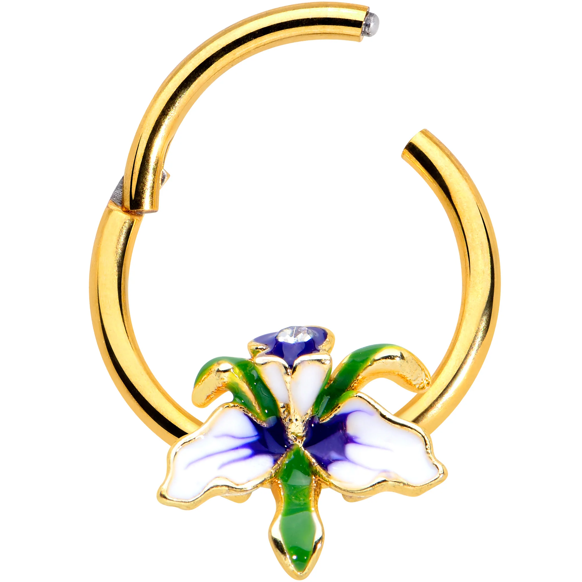 16G 3/8 Clear Gem Gold Tone Iris Flower Hinged Segment Ring - Image 2