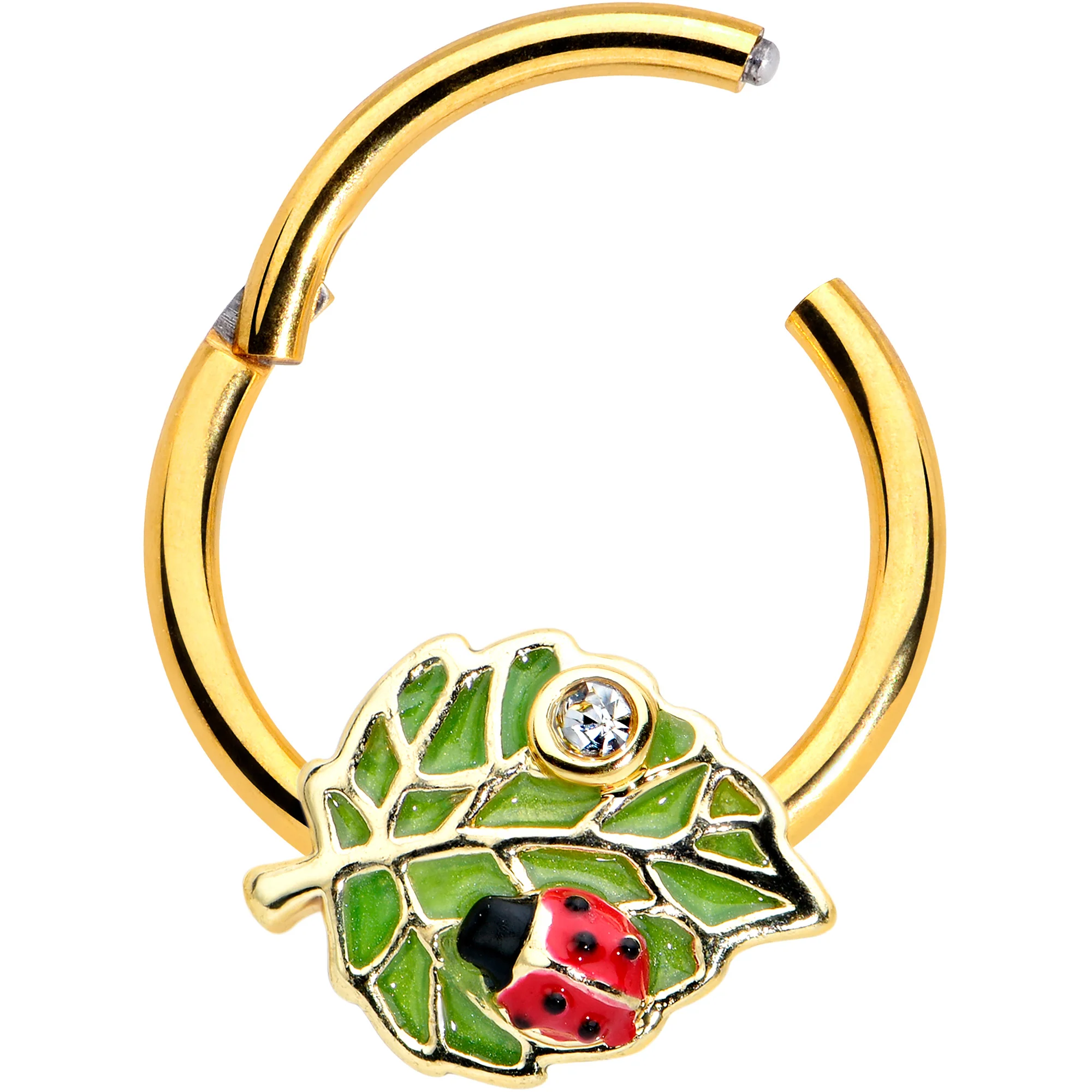 16G 3/8 Clear Gem Gold Tone Leafy Ladybug Hinged Segment Ring - Image 2