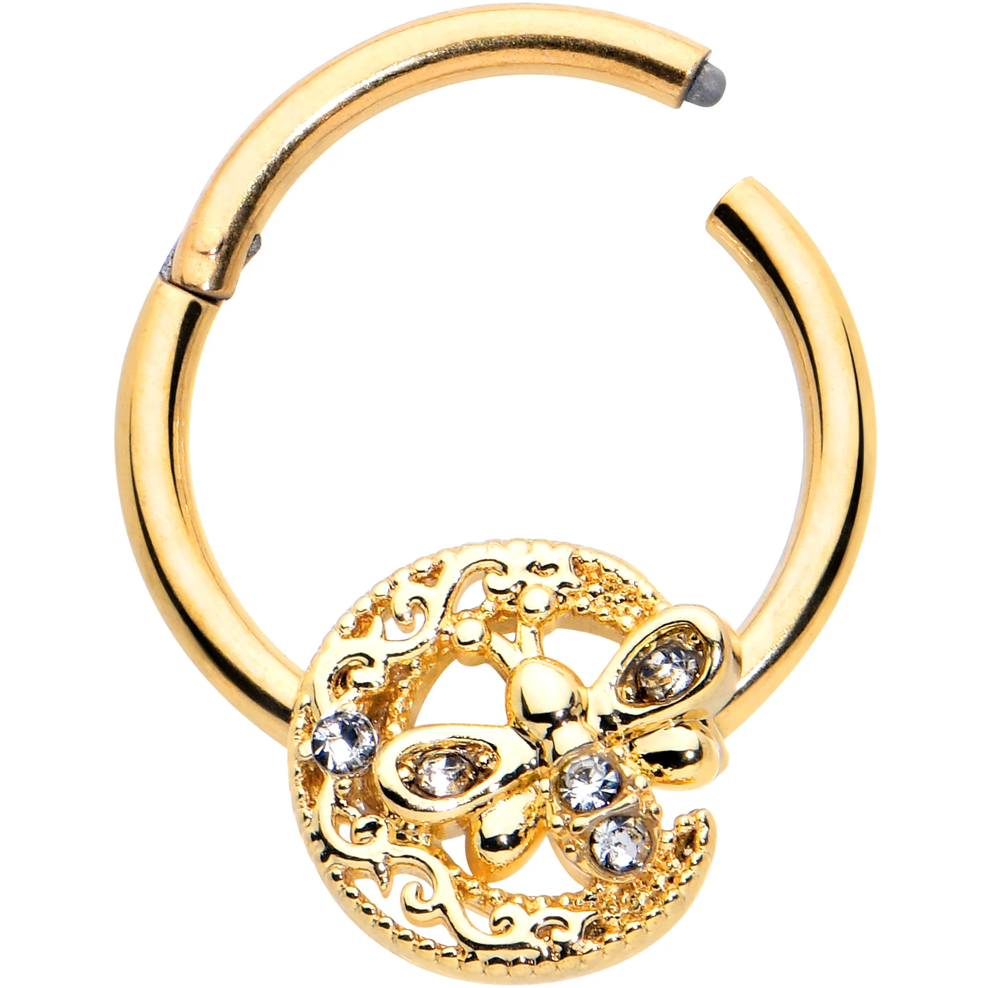 16G 3/8 Clear Gem Gold Tone Lunar Dragonfly Hinged Segment Ring - Image 2