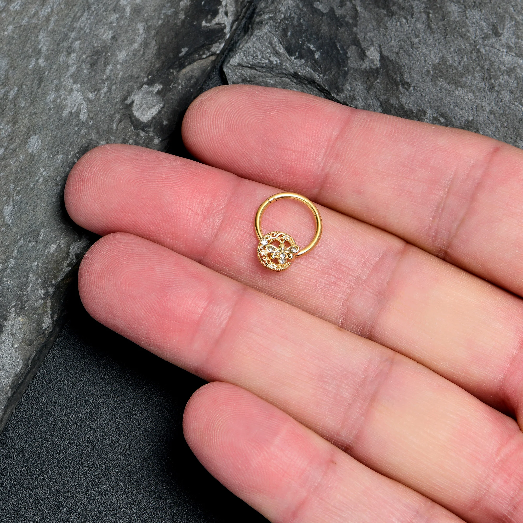 16G 3/8 Clear Gem Gold Tone Lunar Dragonfly Hinged Segment Ring - Image 3