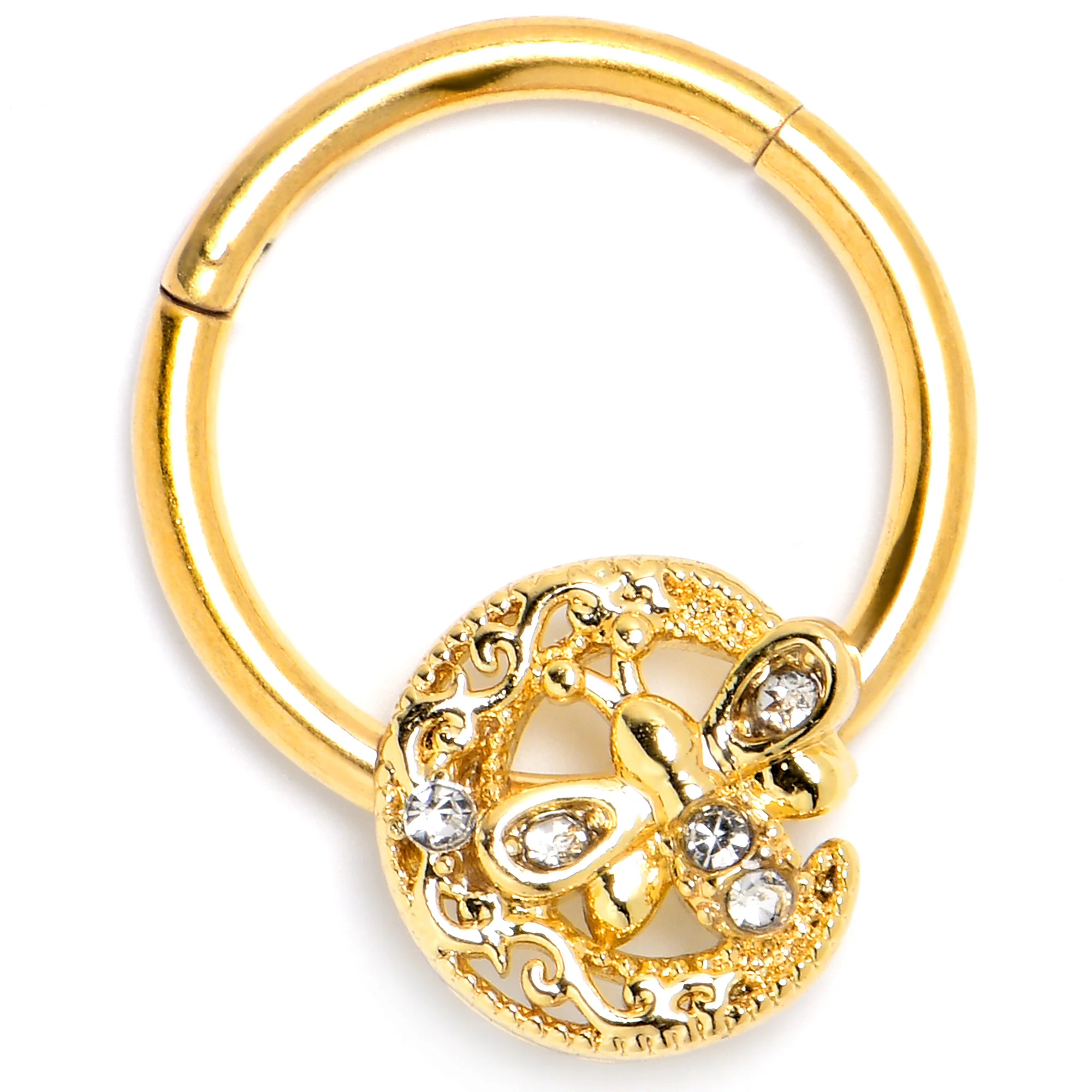 16G 3/8 Clear Gem Gold Tone Lunar Dragonfly Hinged Segment Ring - Image 4