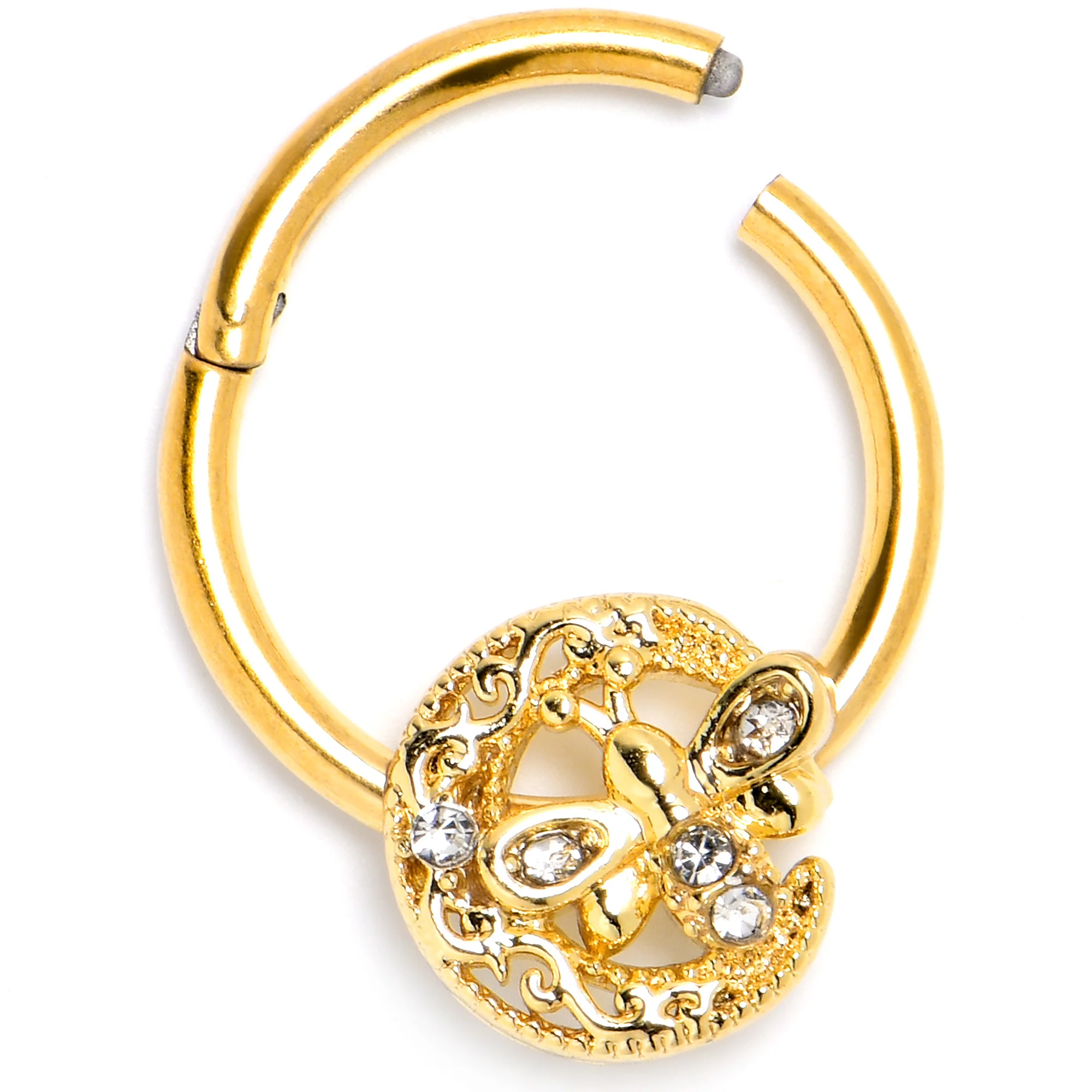 16G 3/8 Clear Gem Gold Tone Lunar Dragonfly Hinged Segment Ring - Image 5