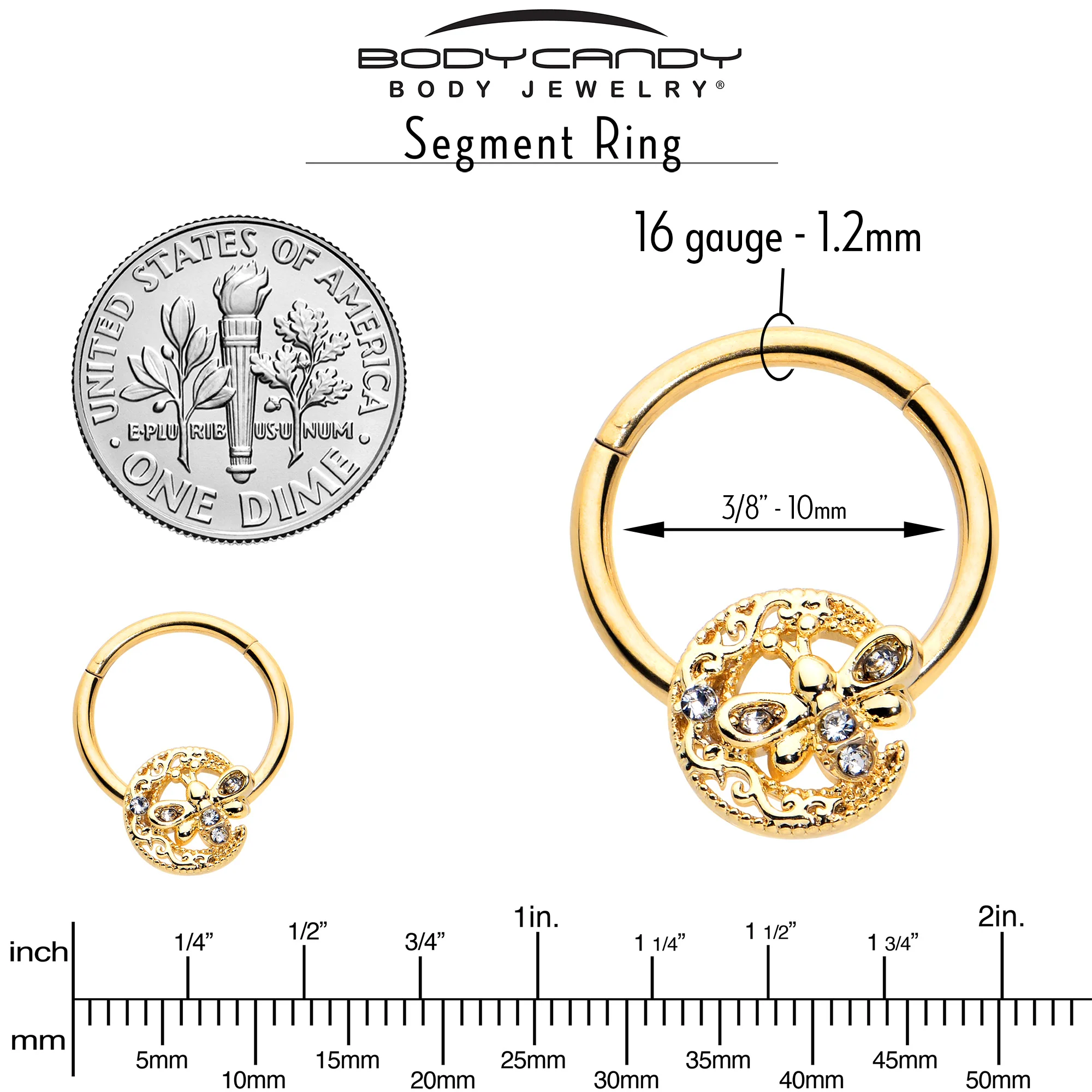 16G 3/8 Clear Gem Gold Tone Lunar Dragonfly Hinged Segment Ring - Image 6
