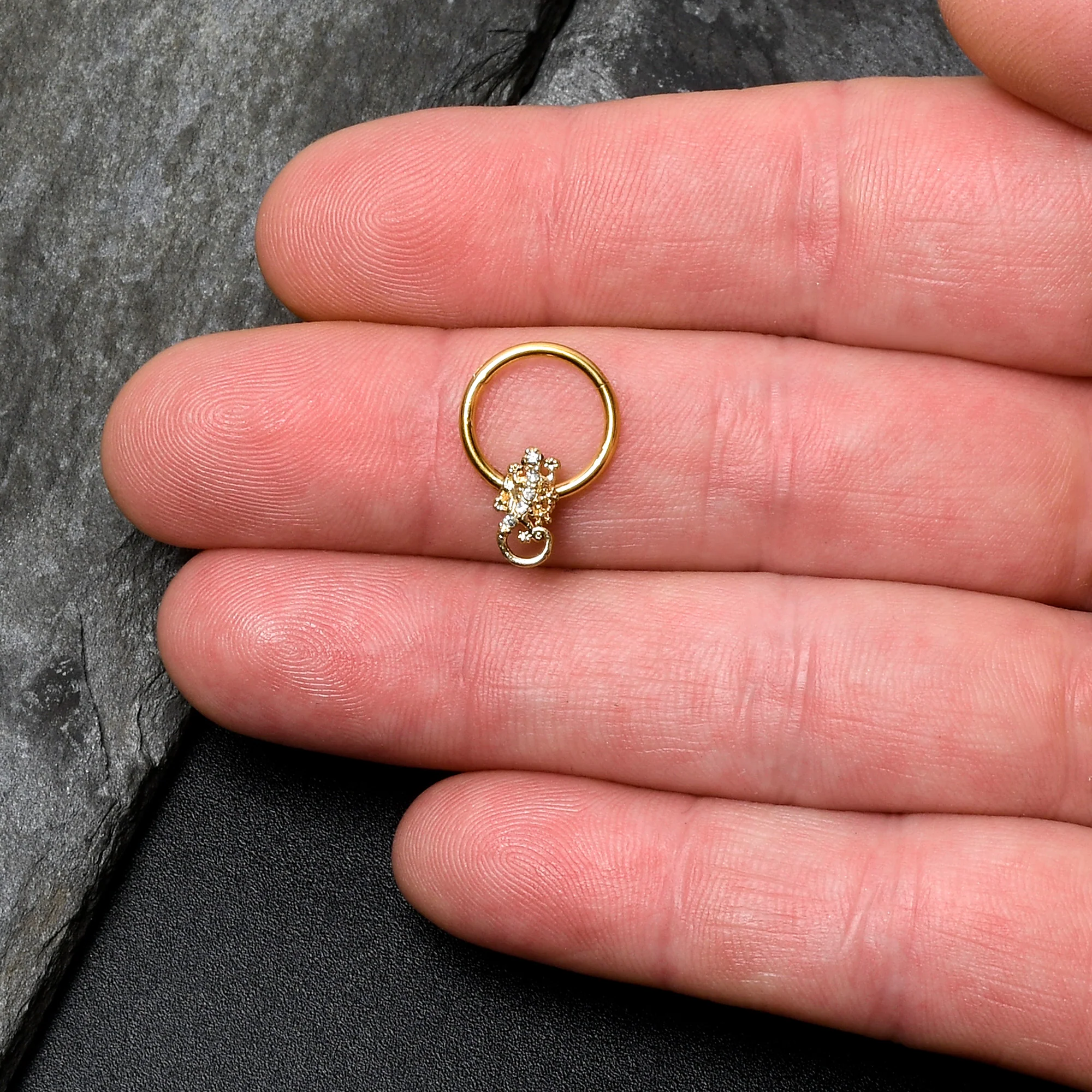 16G 3/8 Clear Gem Gold Tone Luscious Lizard Hinged Segment Ring - Image 3