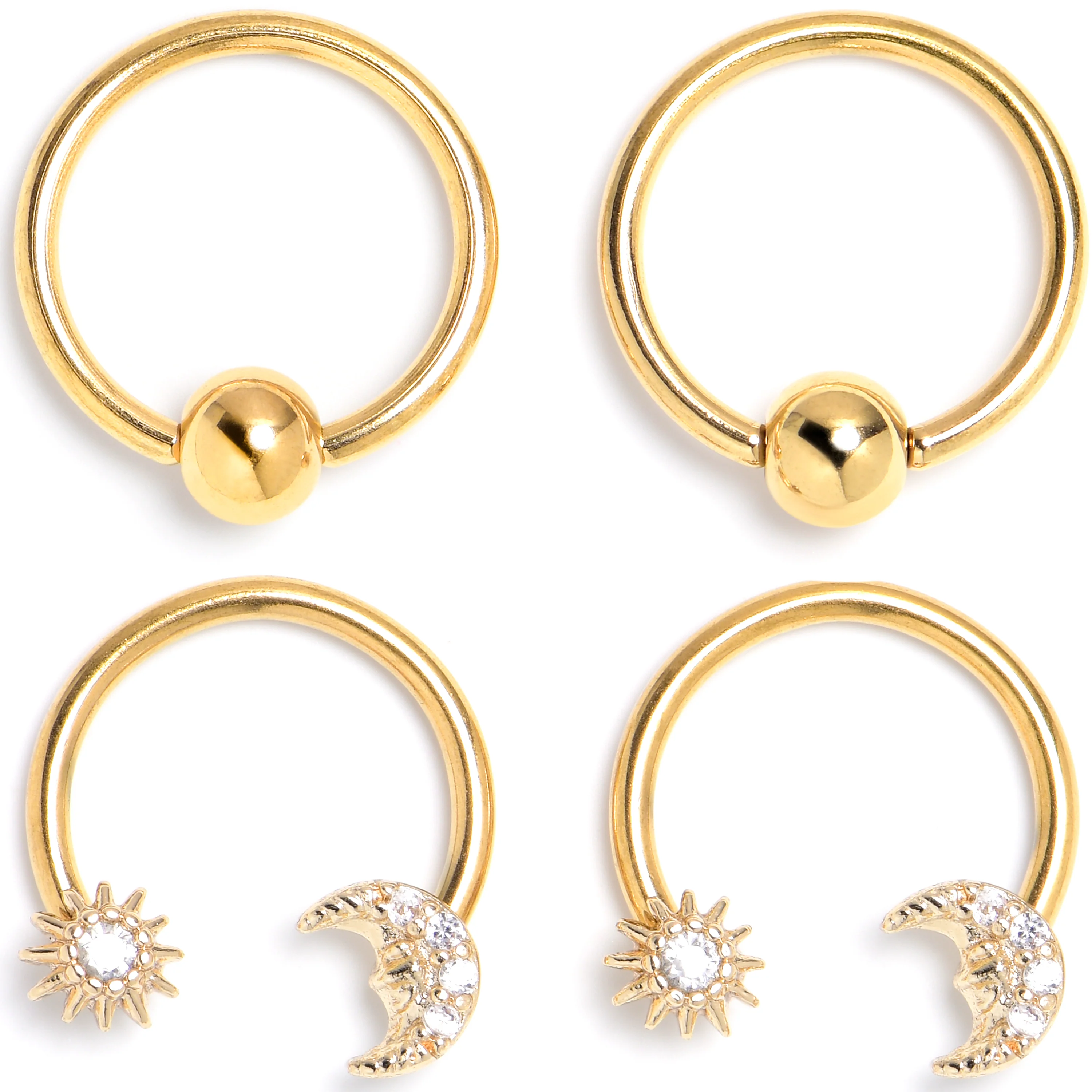 16G 3/8 Clear Gem Gold Tone Moon Sun BCR Captive Horseshoe Set of 4