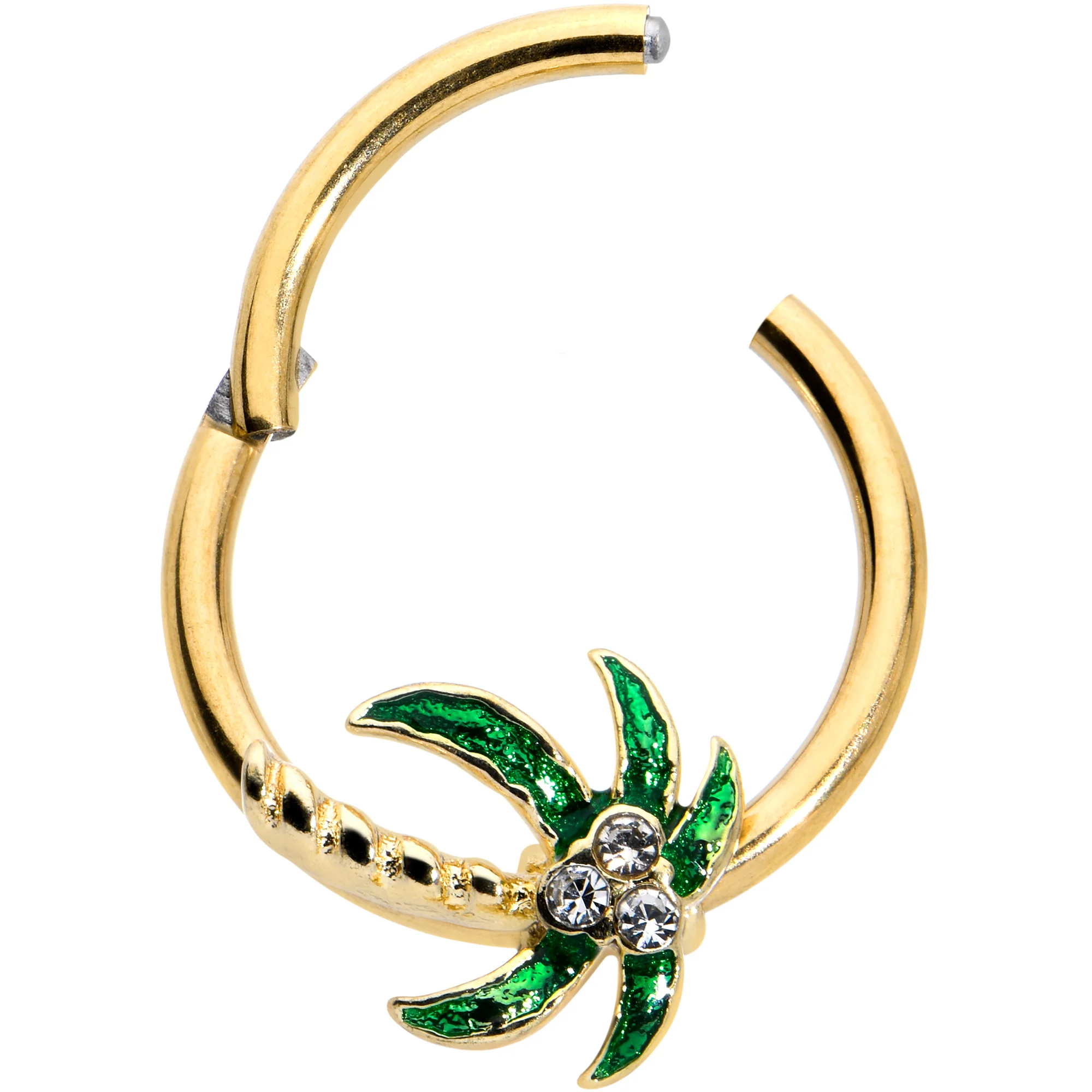 16G 3/8 Clear Gem Gold Tone Palm Tree Style Hinged Segment Ring - Image 2