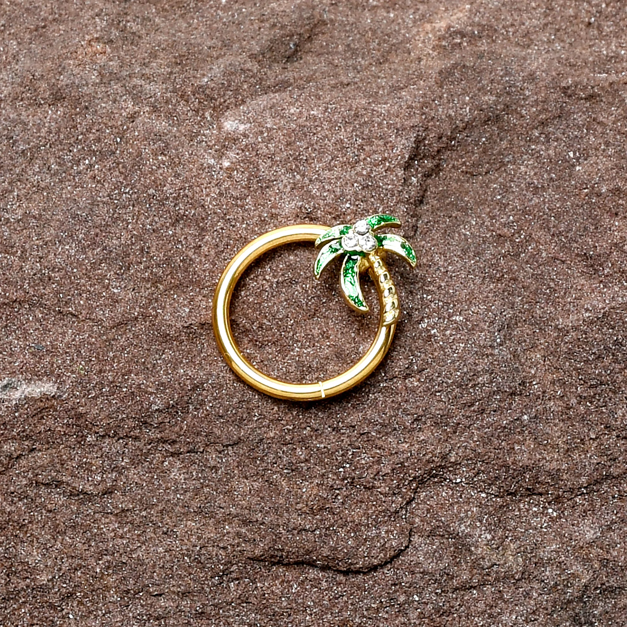 16G 3/8 Clear Gem Gold Tone Palm Tree Style Hinged Segment Ring - Image 3