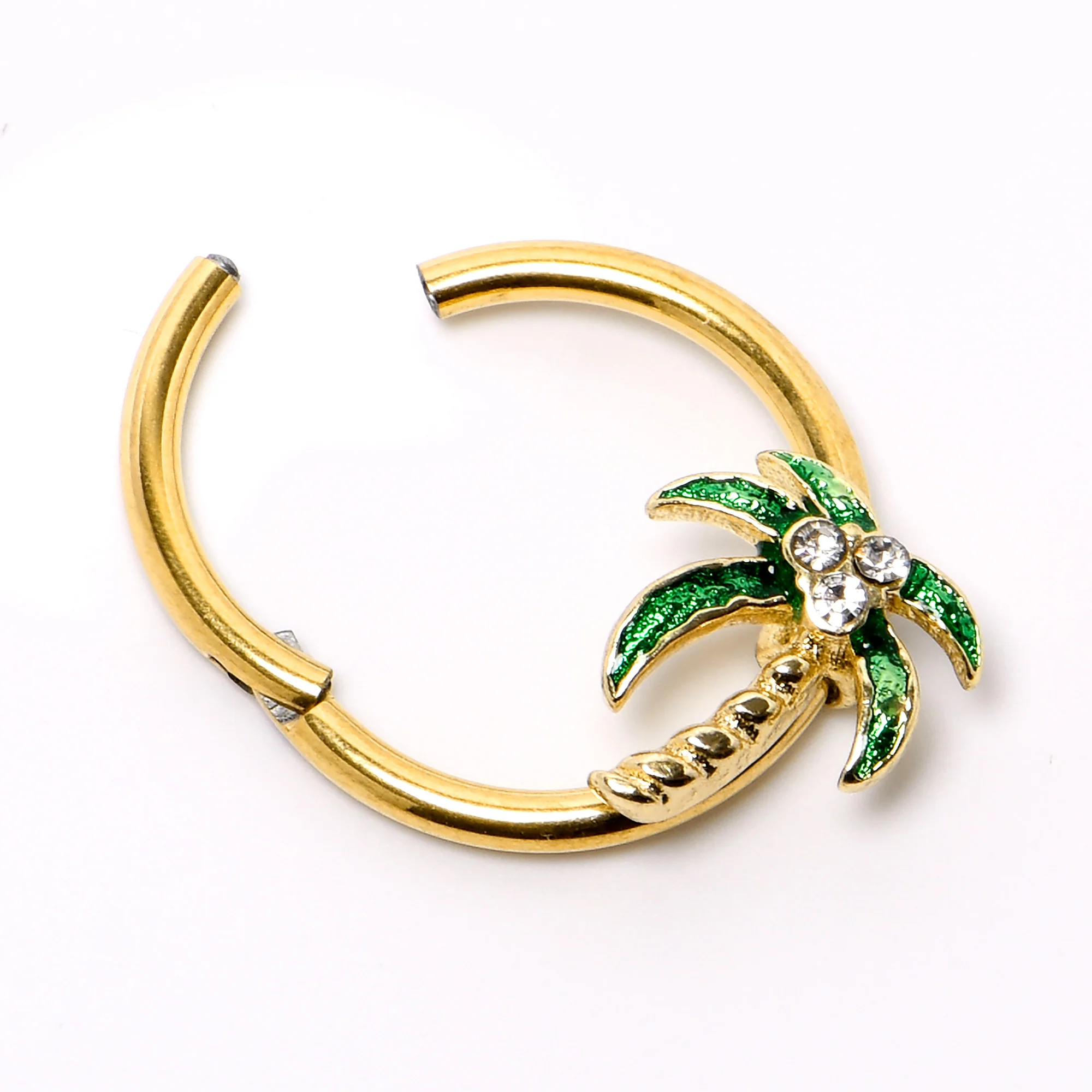 16G 3/8 Clear Gem Gold Tone Palm Tree Style Hinged Segment Ring - Image 5