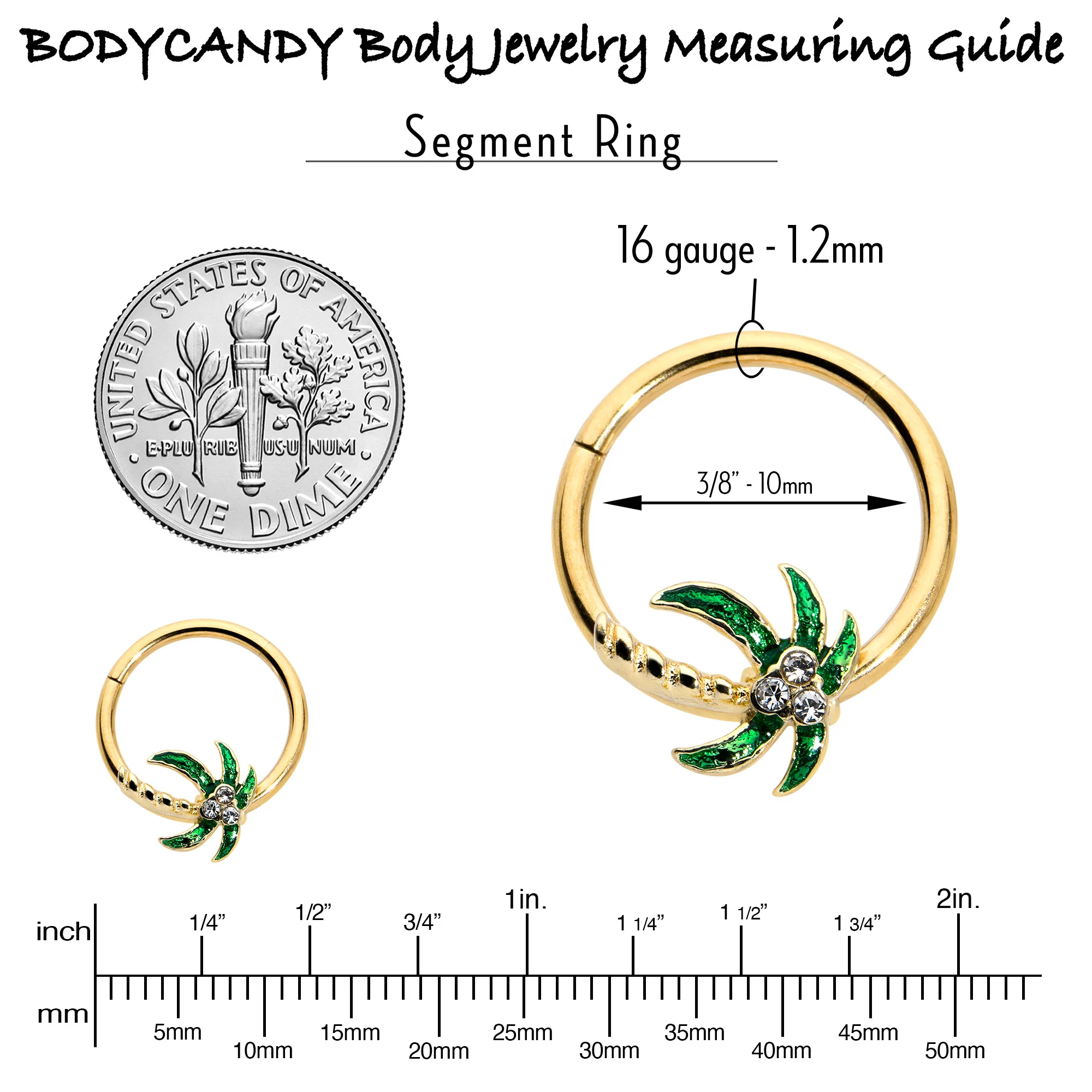 16G 3/8 Clear Gem Gold Tone Palm Tree Style Hinged Segment Ring - Image 7