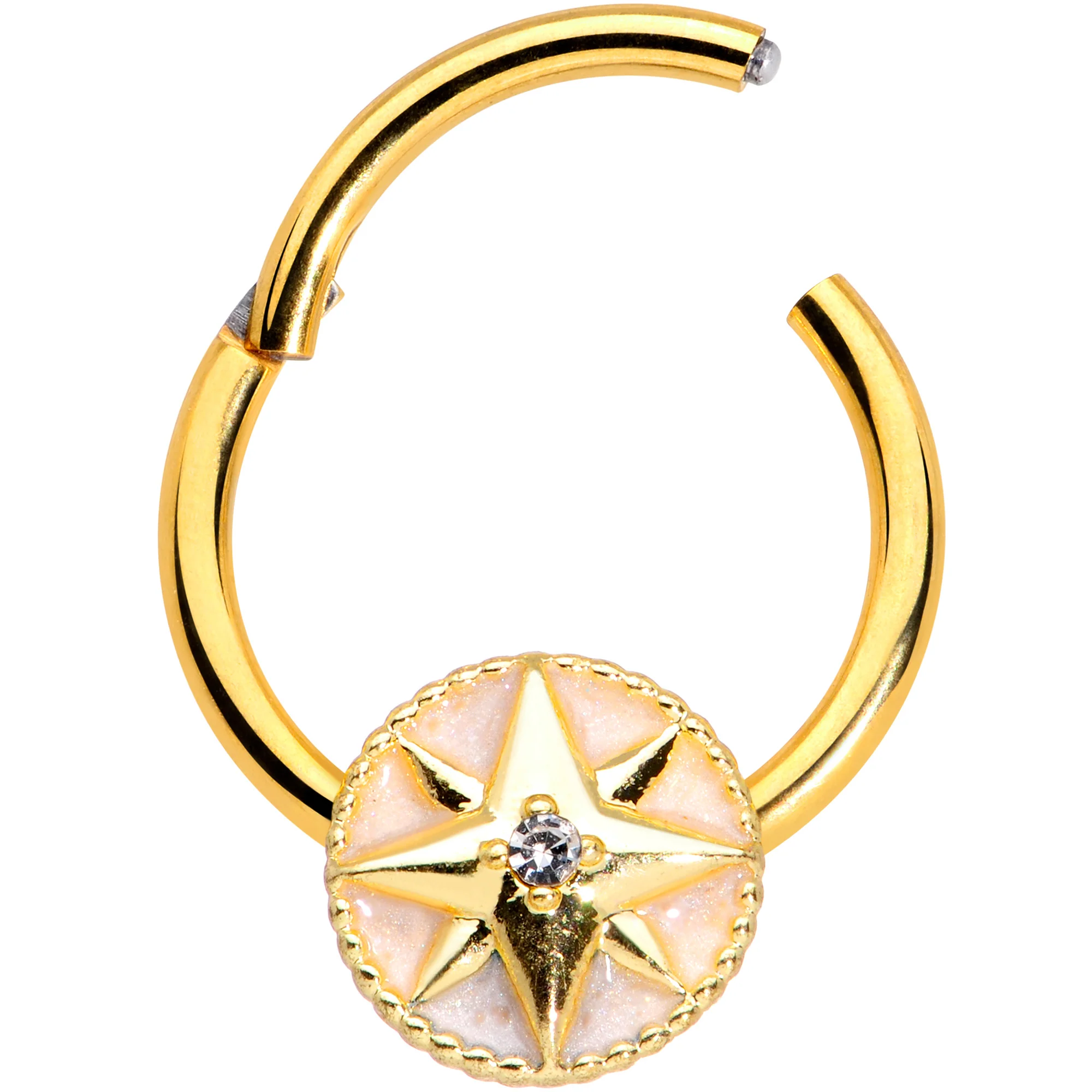 16G 3/8 Clear Gem Gold Tone Sailors Compass Hinged Segment Ring - Image 2