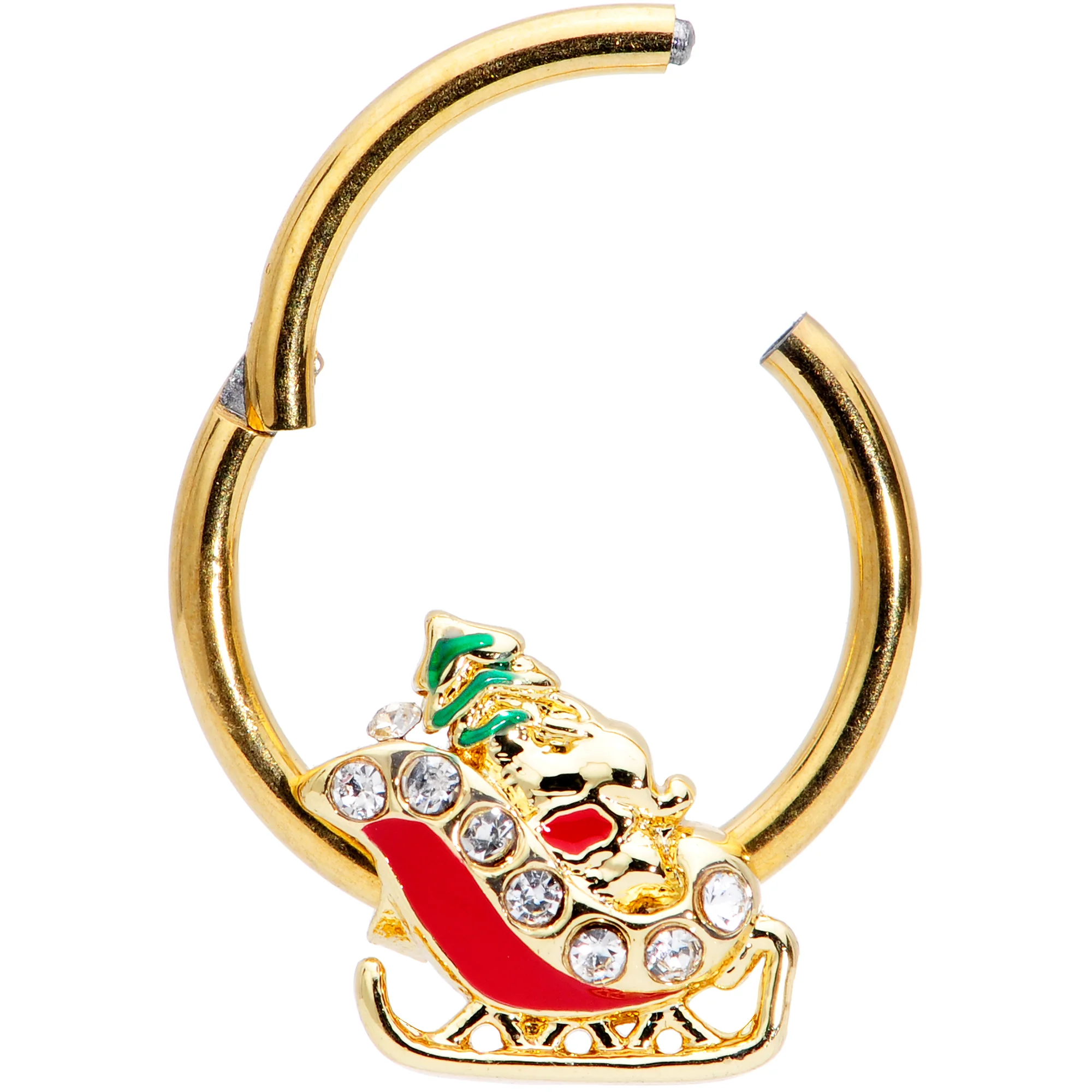 16G 3/8 Clear Gem Gold Tone Santa Sleigh Christmas Septum Clicker - Image 2