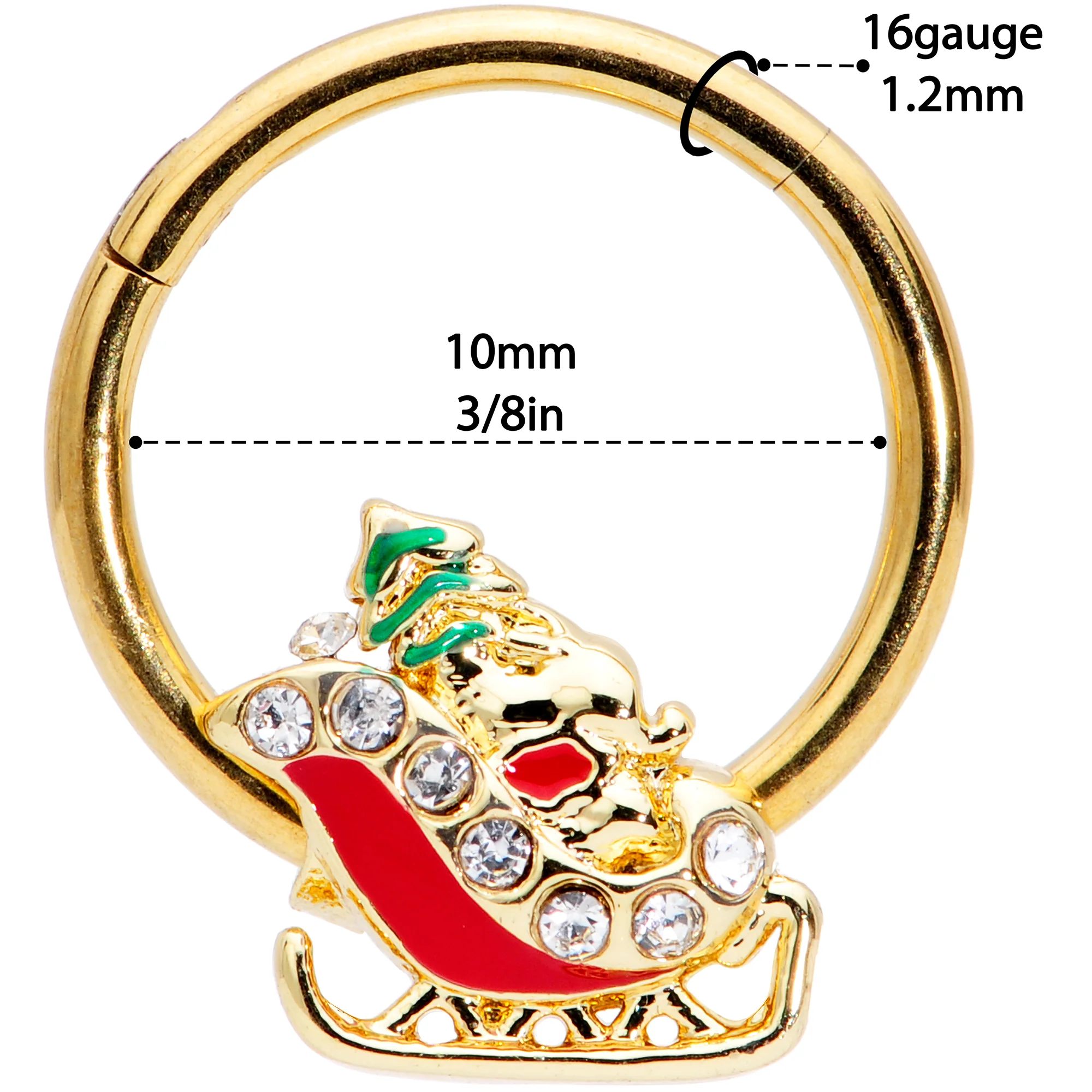16G 3/8 Clear Gem Gold Tone Santa Sleigh Christmas Septum Clicker - Image 4