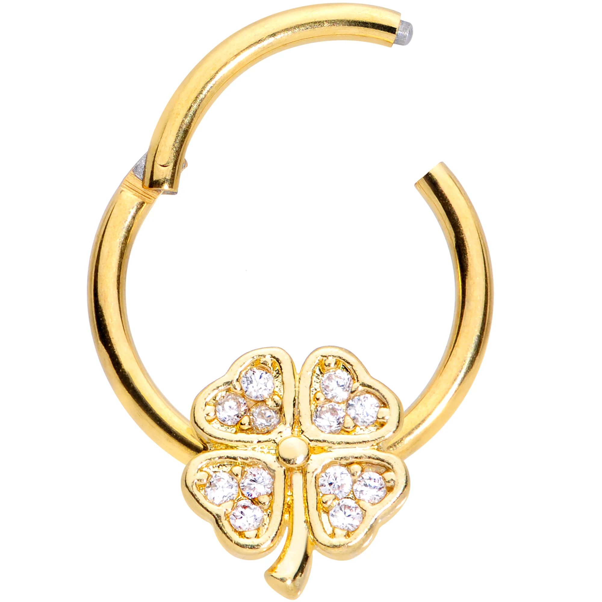 16G 3/8 Clear Gem Gold Tone Shamrock Hinged Segment Ring - Image 2