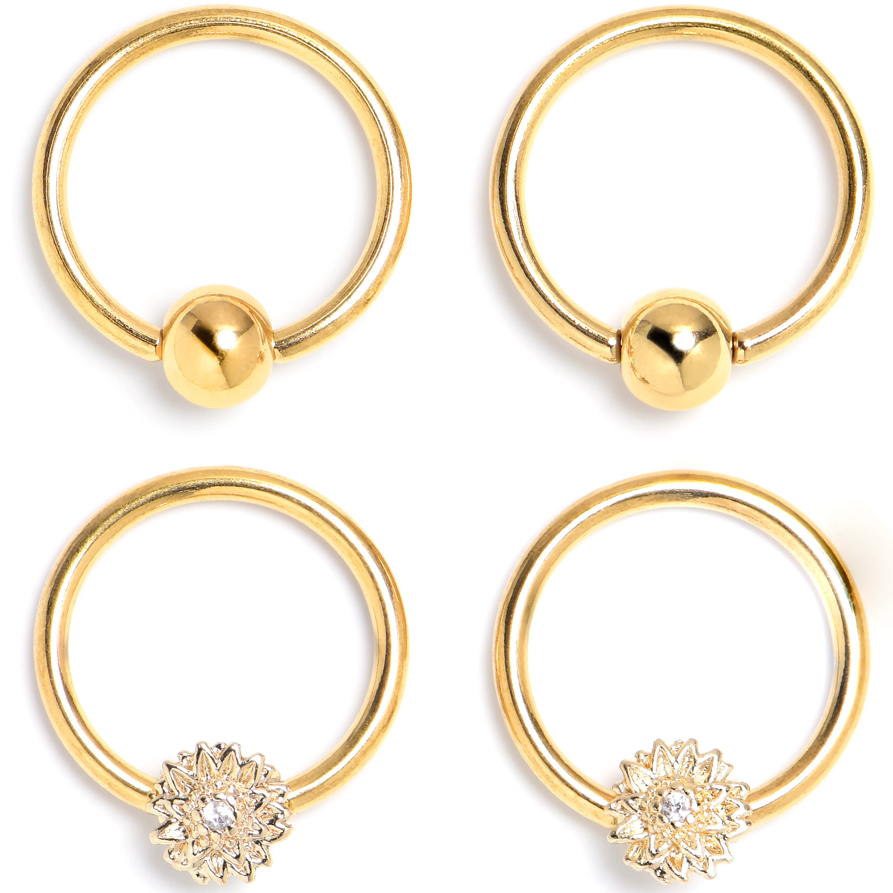 16G 3/8 Clear Gem Gold Tone Tiny Flower BCR Captive Ring Set of 4
