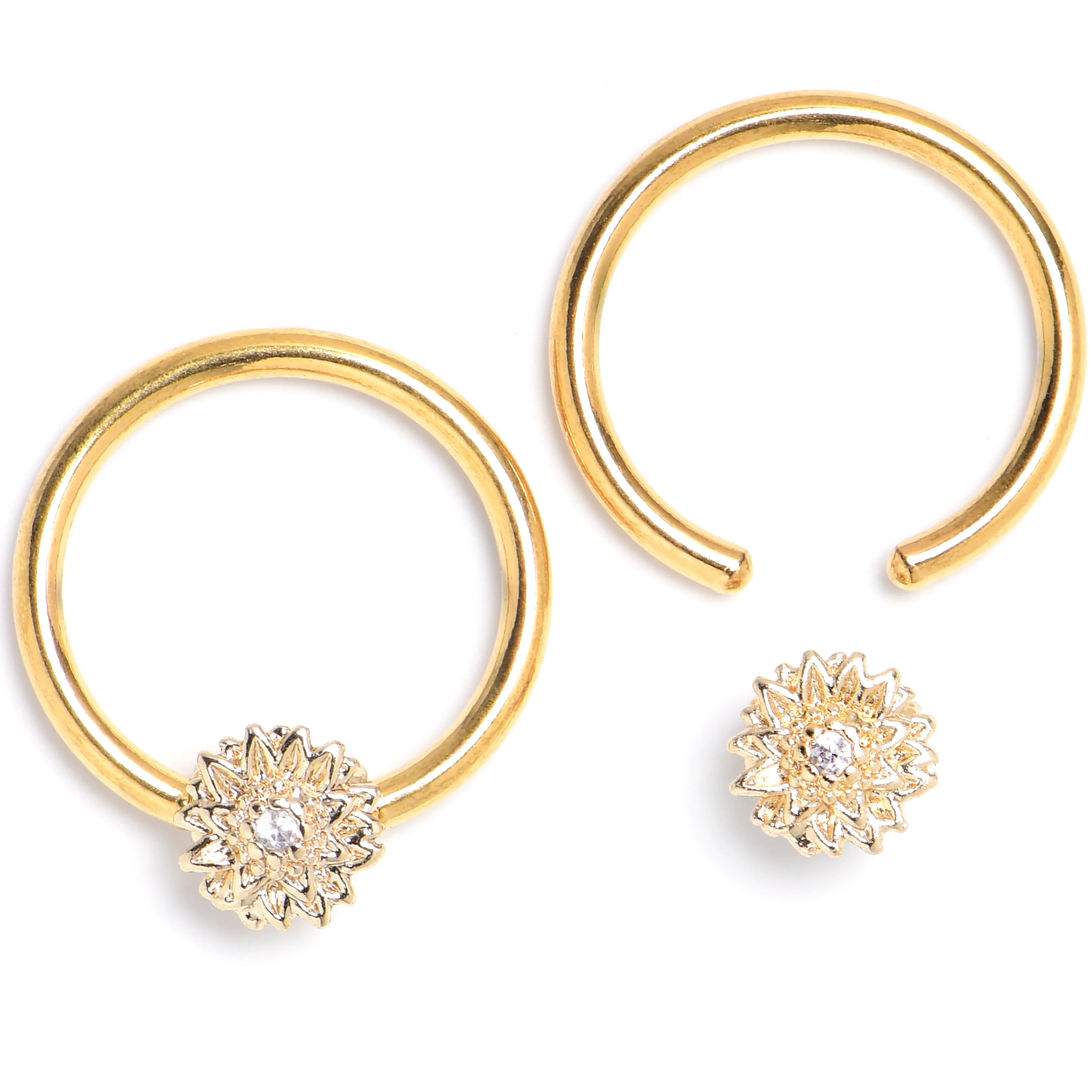 16G 3/8 Clear Gem Gold Tone Tiny Flower BCR Captive Ring Set of 4 - Image 2
